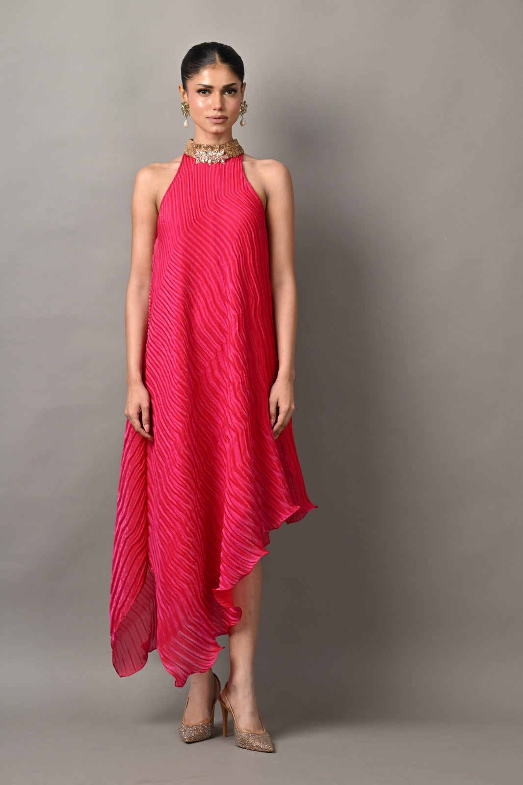 Magenta pink box pleated dress