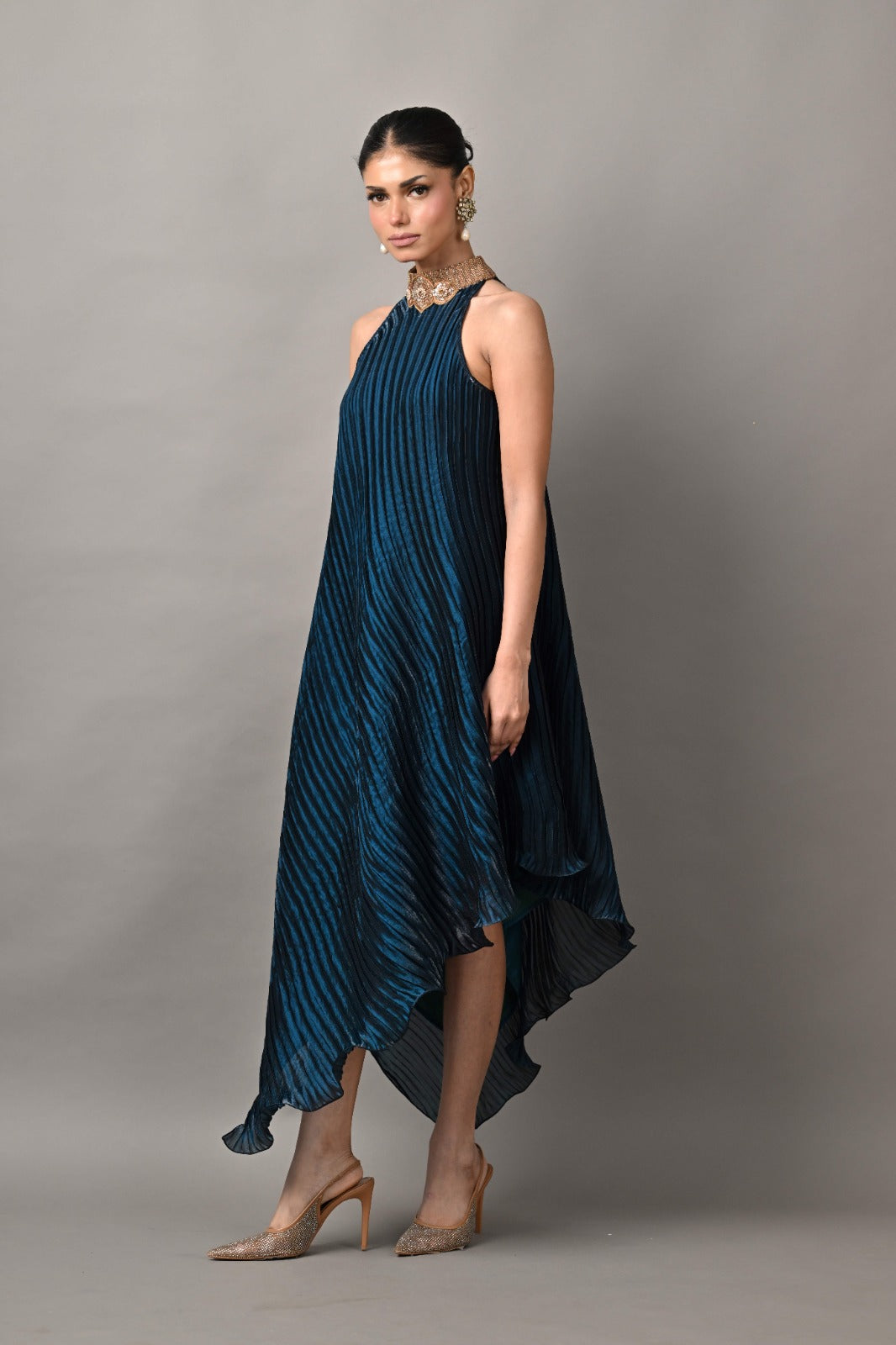 Navy box pleated drape dress with collar and motif detail