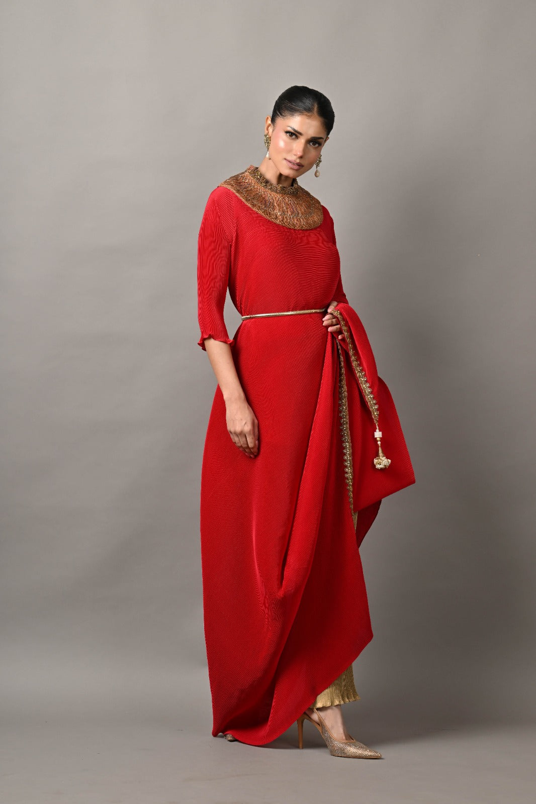 Red pleated wrap with zardozi ombre embroidery with tassel detail