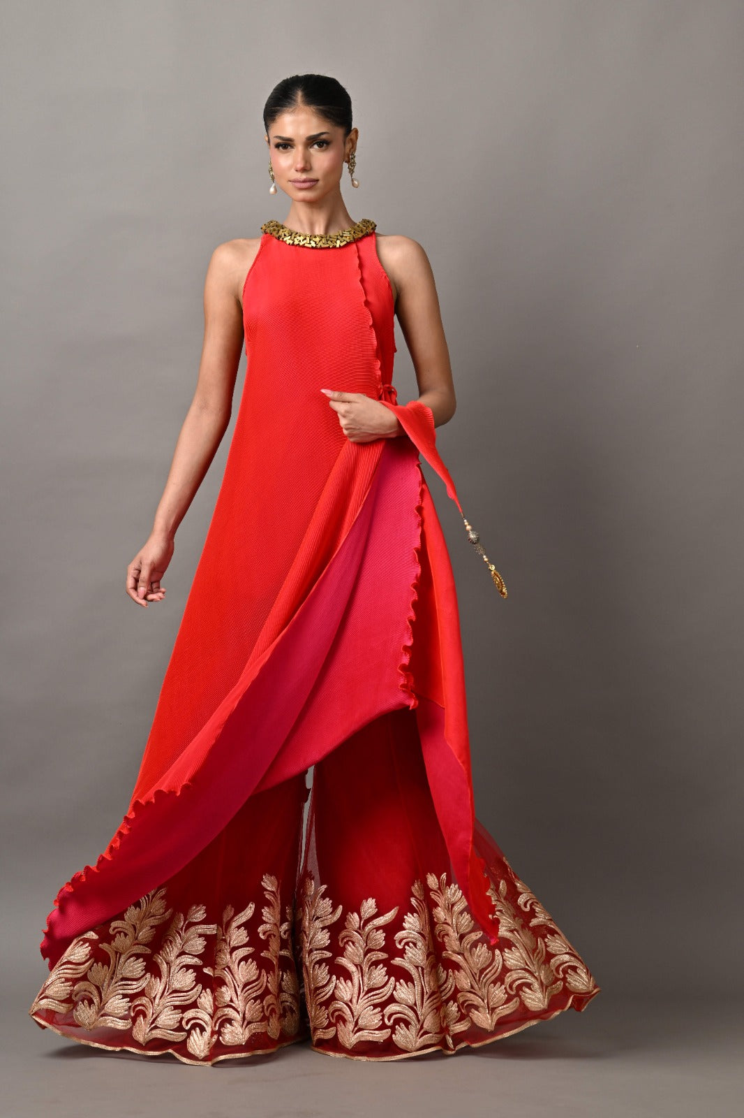 Coral pleated wrap with bricks embroidery with tassel detail