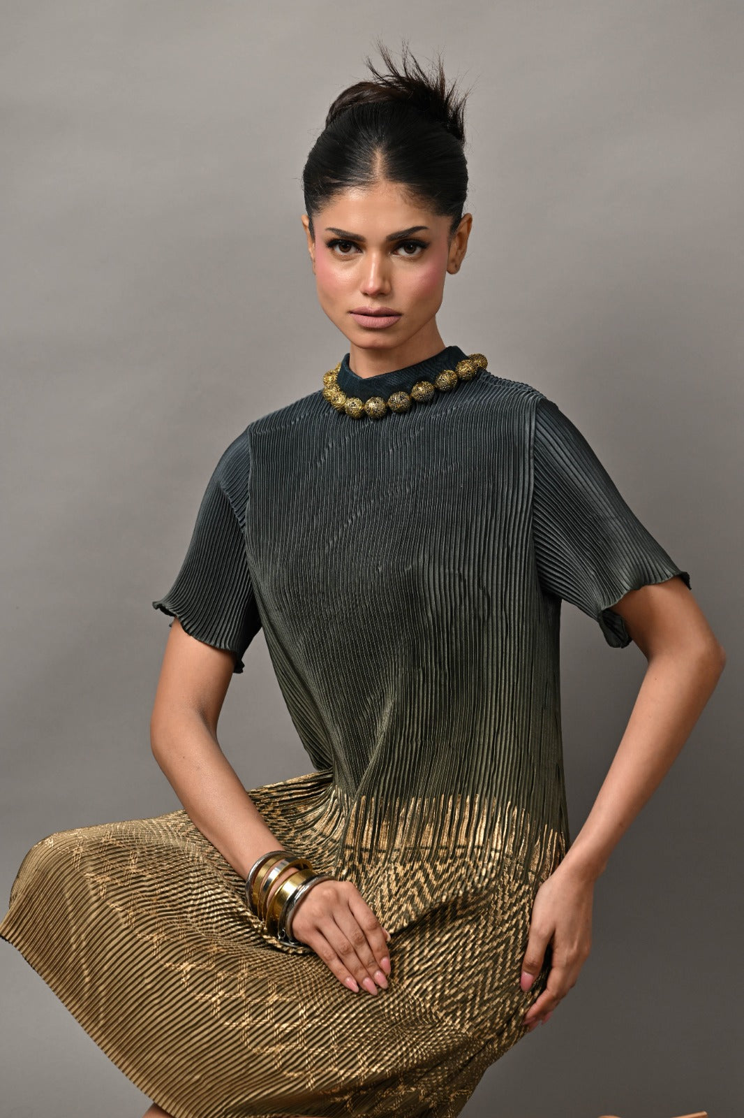 Navy into olive printed pleated short dress with gold balls detail