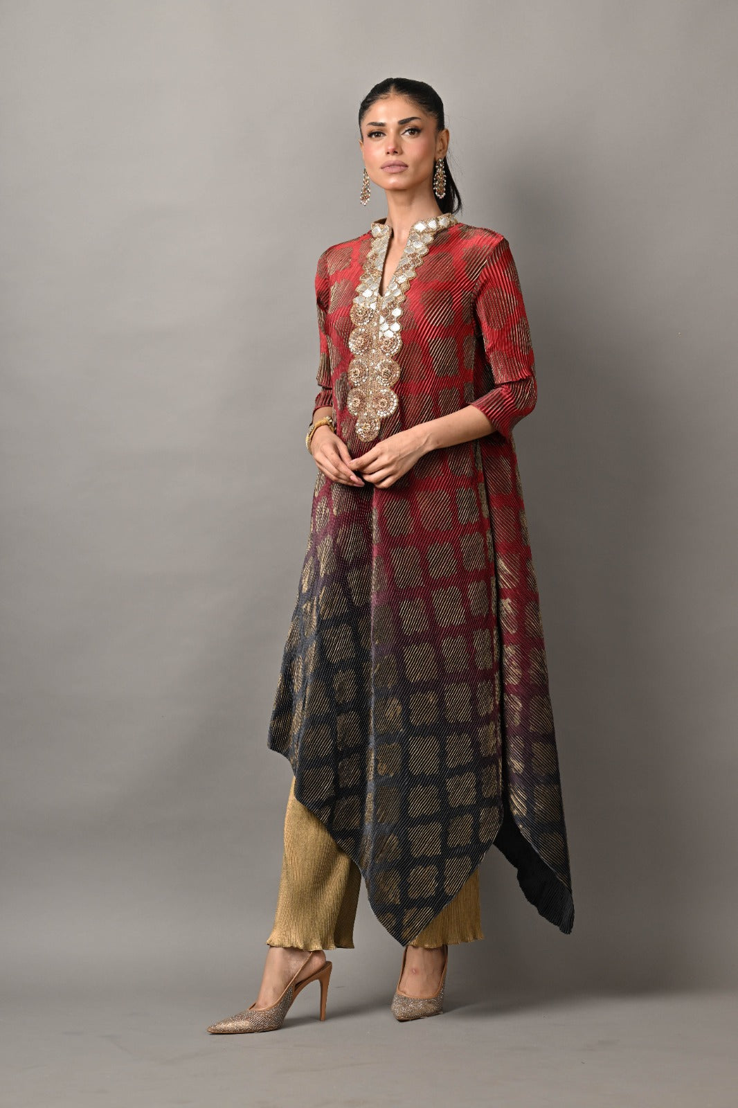 Red into navy printed pleated drape kaftan with honeycomb magpie embroidery with sleeves