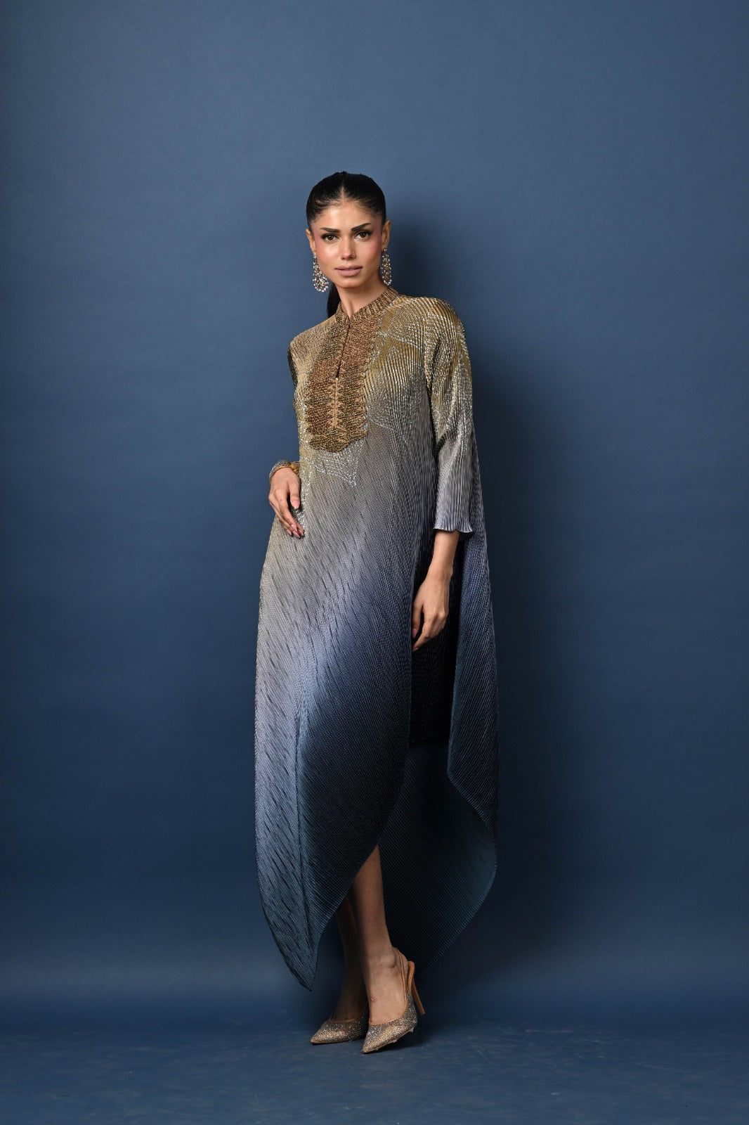 Olive into grey into navy printed pleated drape kaftan with burphi embroidery with sleeves
