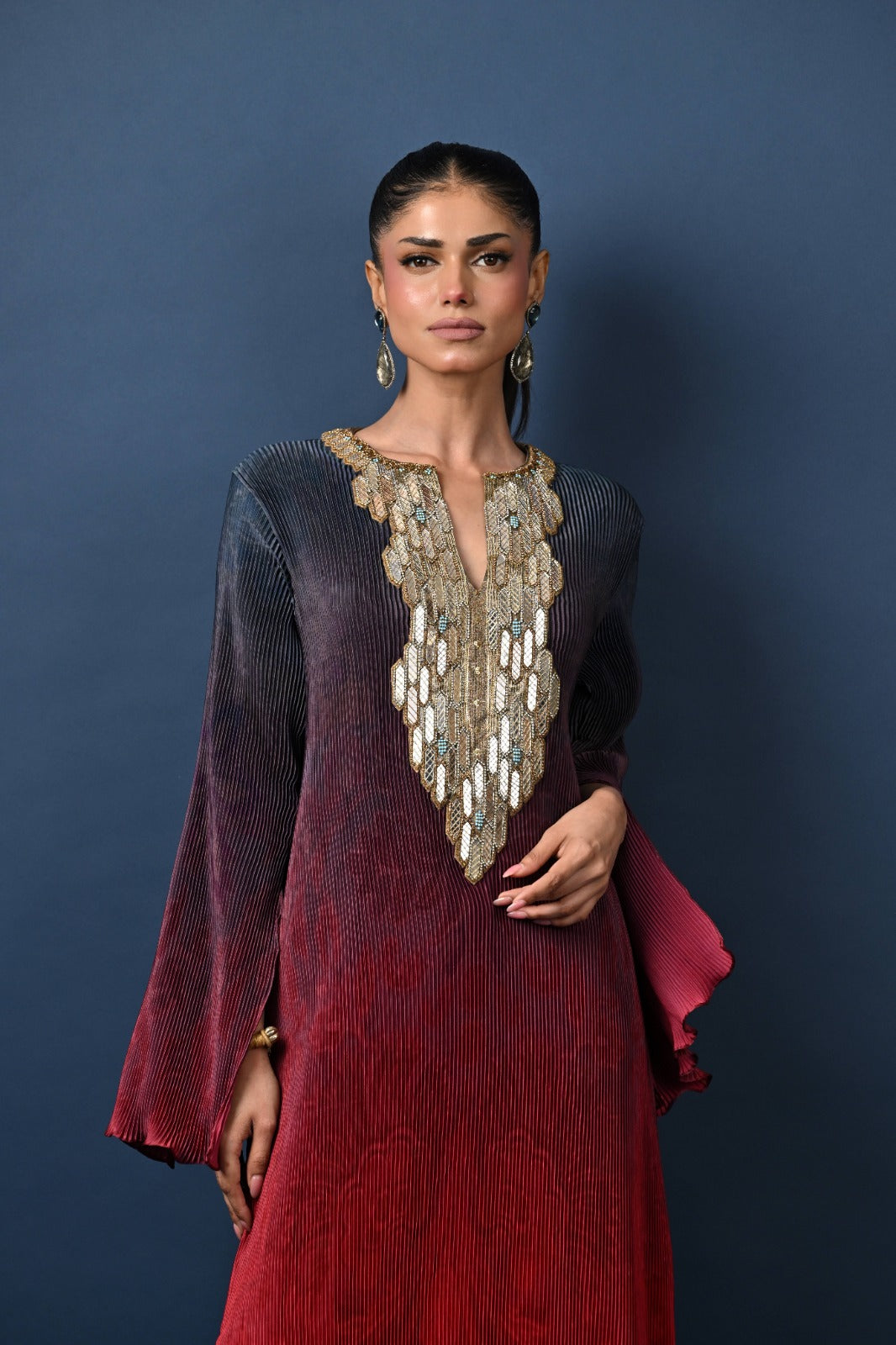 Navy into red pleated long dress with long hexagon V neck embroidry with sleeves