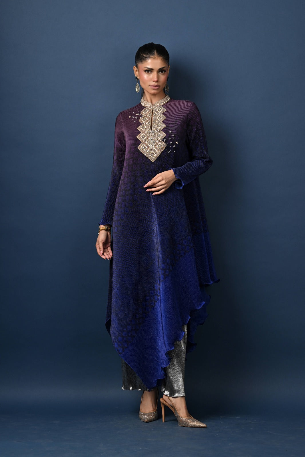 Purple into indigo printed pleated drape kaftan with kundan embroidery with sleeves