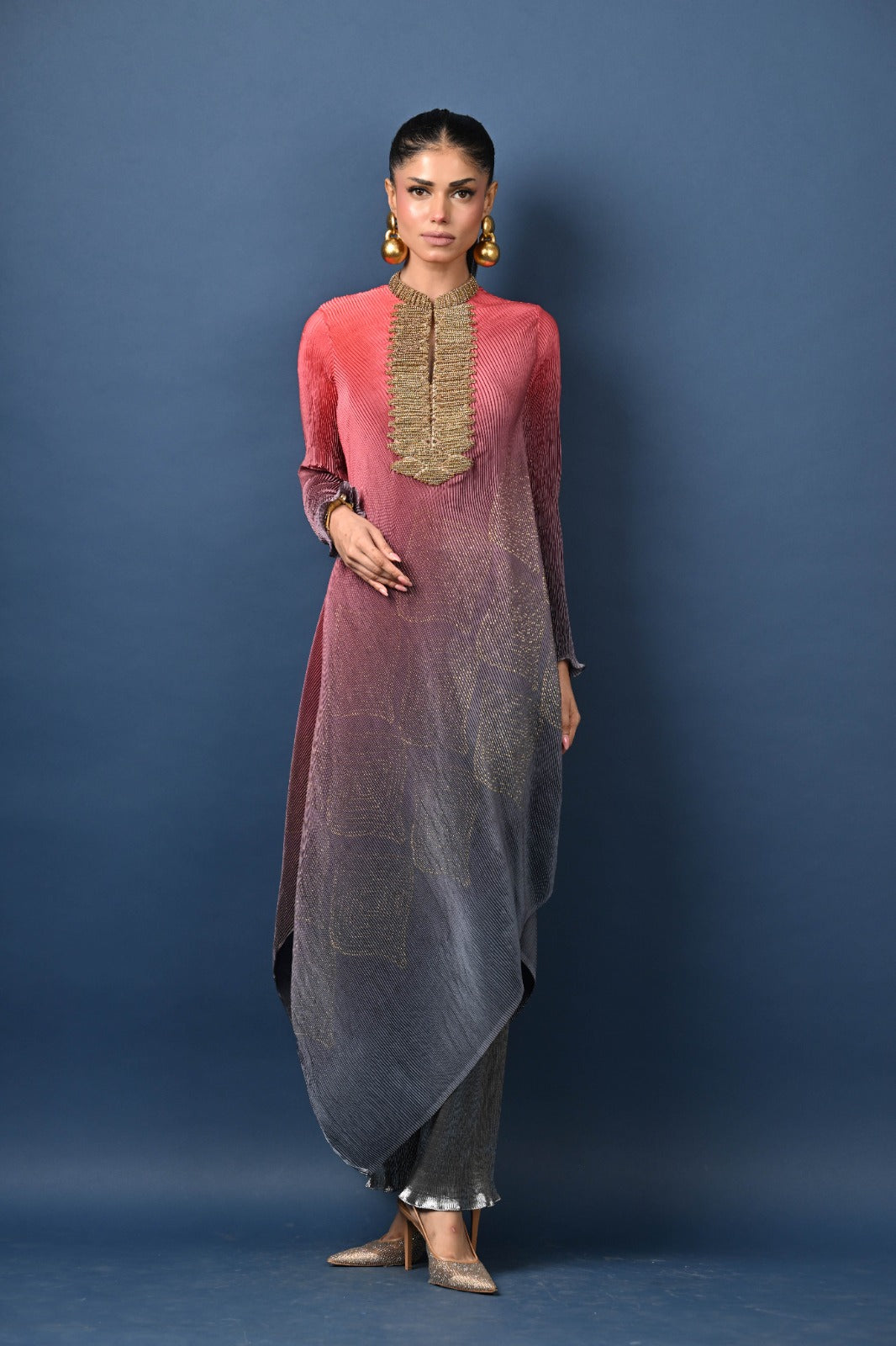 Coral into grey printed pleated drape kaftan with burphi embroidery with sleeves