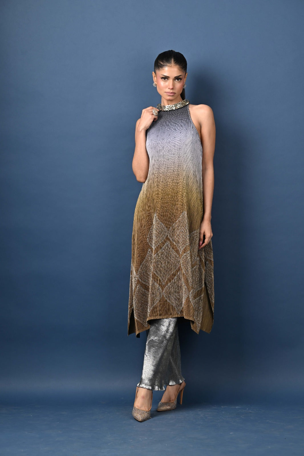 Navy into grey into olive printed pleated cutaway with silver bricks embroidery
