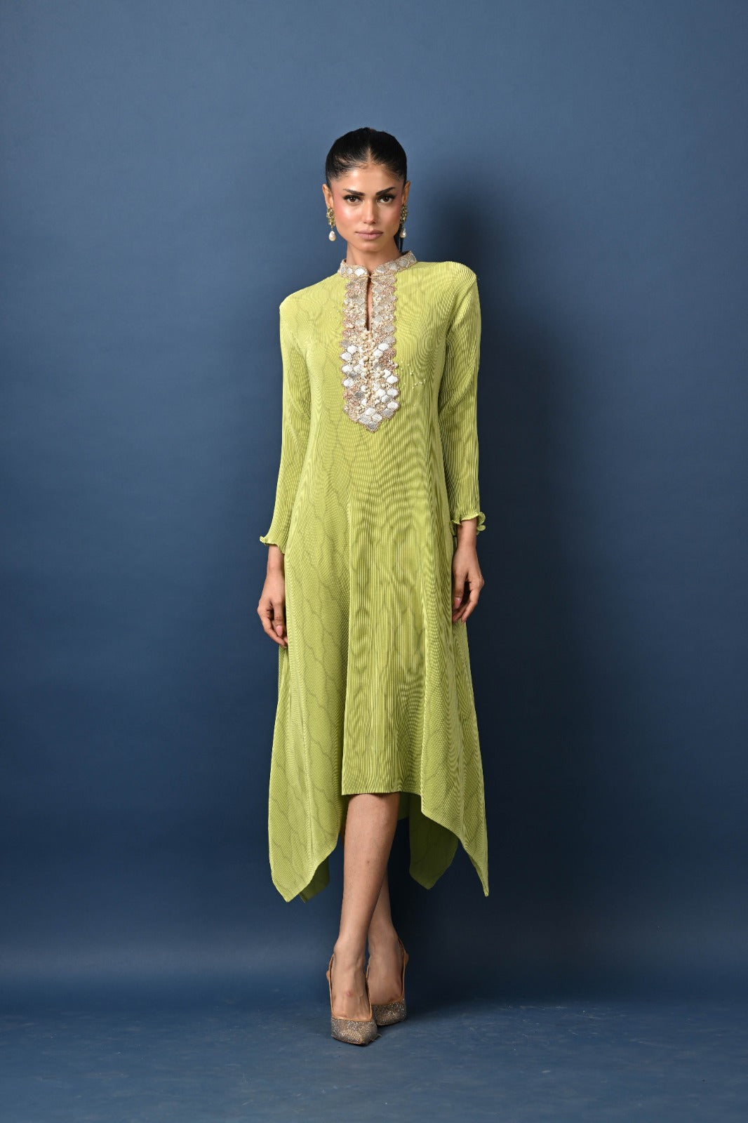 Lime pleated kaftan with honeycomb embroidery with sleeves