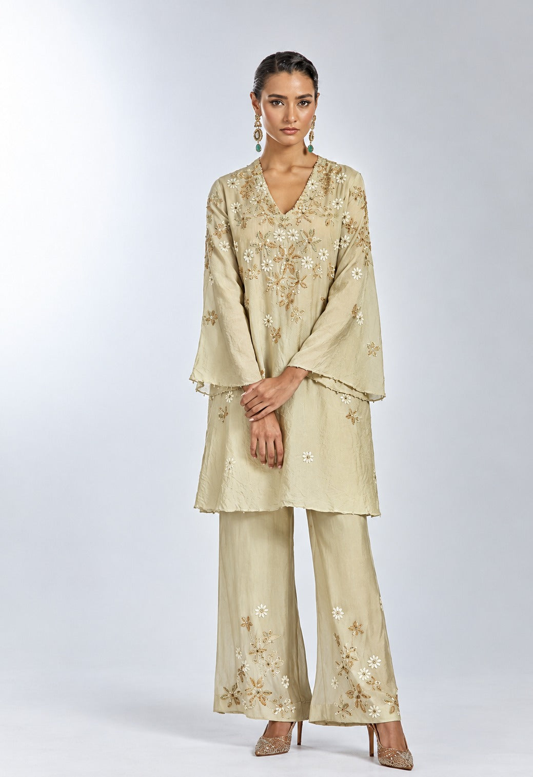 Silver silk co-ord set with floral hand embroidered clusters