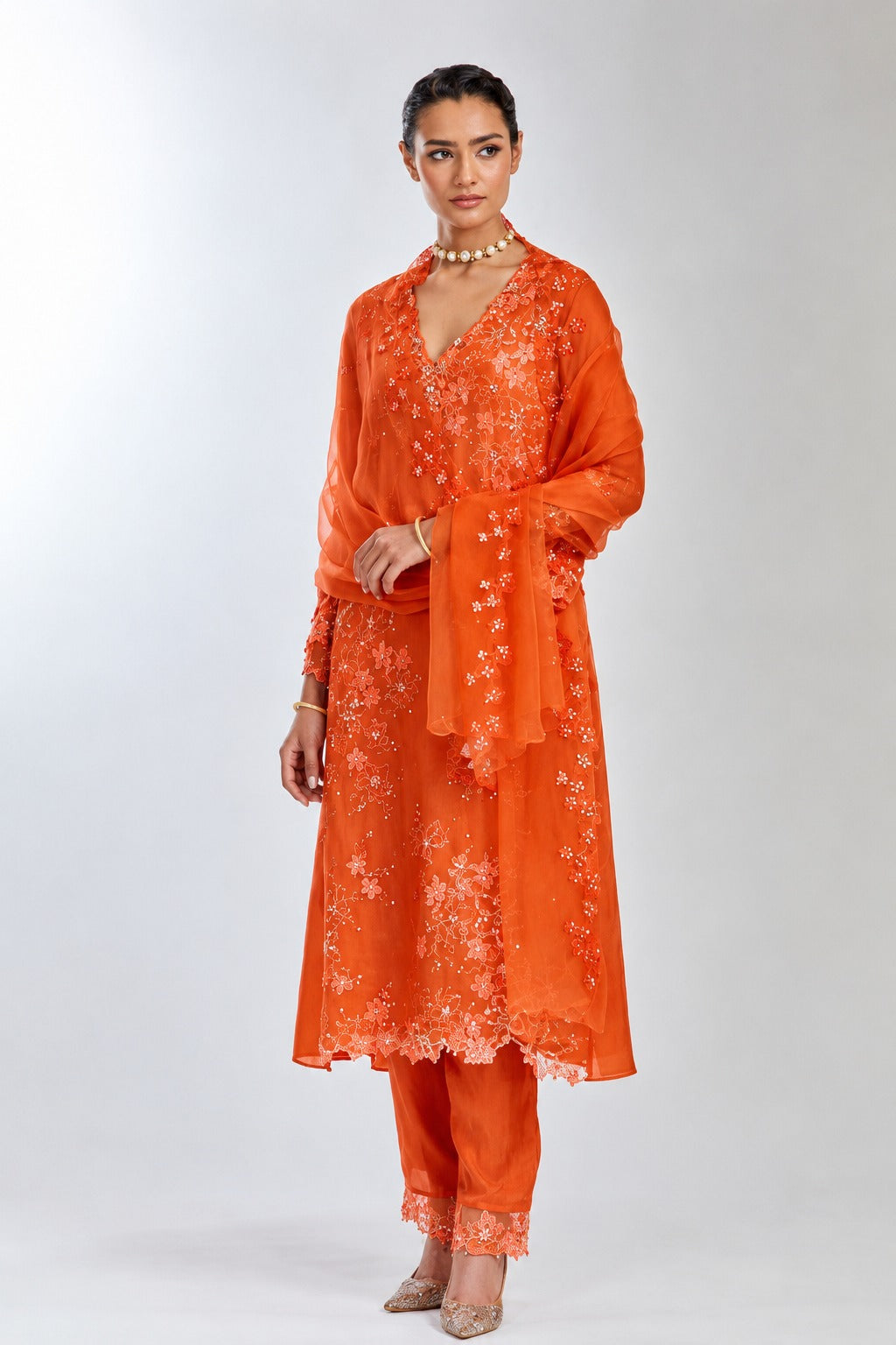 Poppy silk organza dupatta with floral thread embroidery