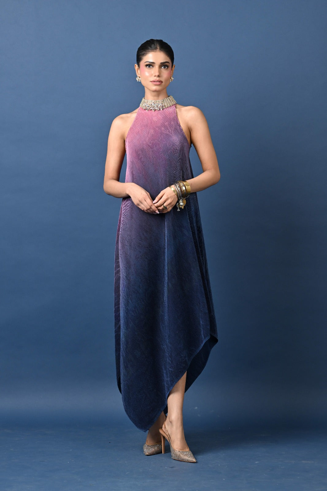 Pink-Navy Ombre Pleated Hand Embroidered Dress