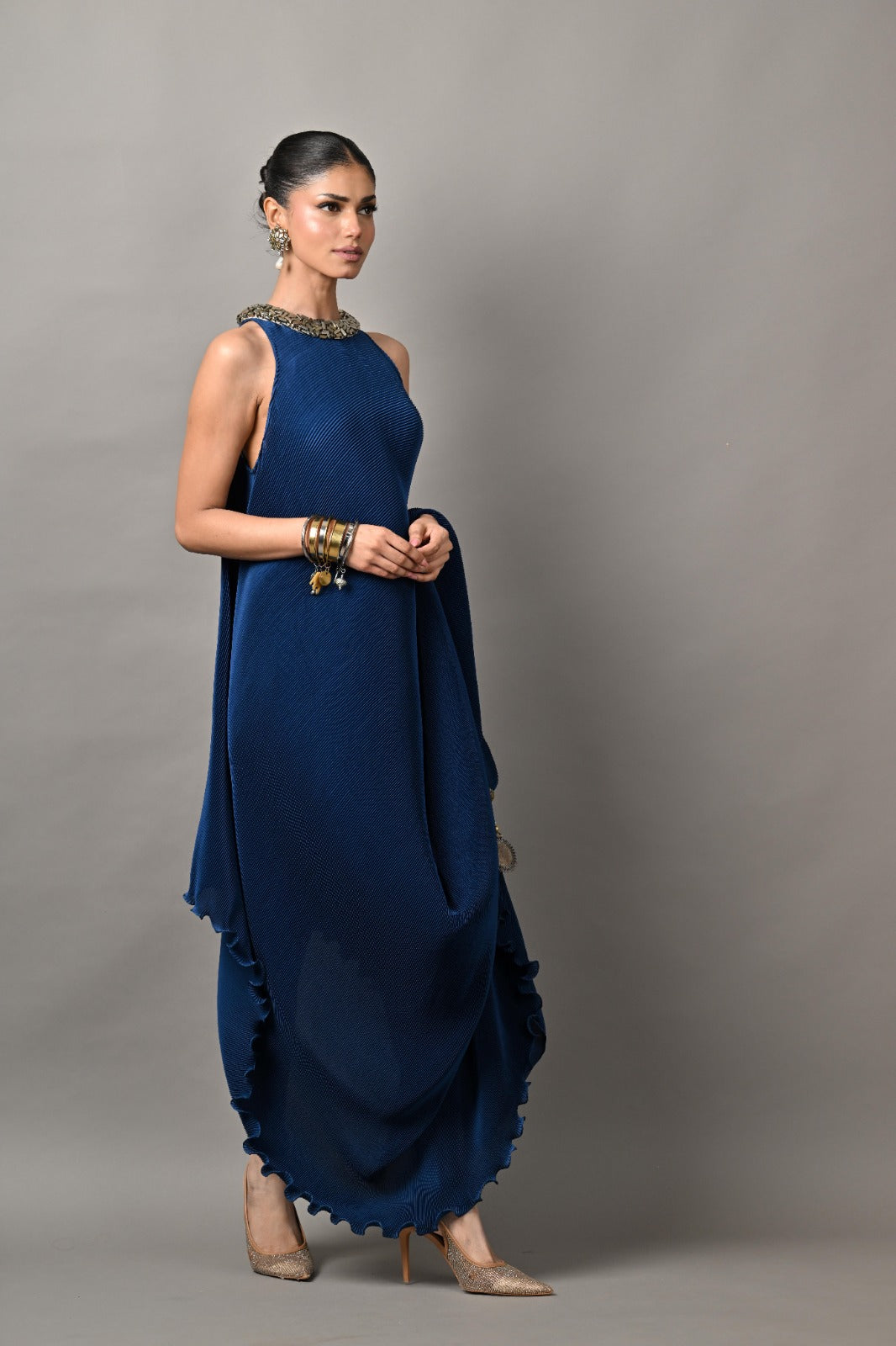 Navy pleated wrap with silver bricks embroidery with tassel detail