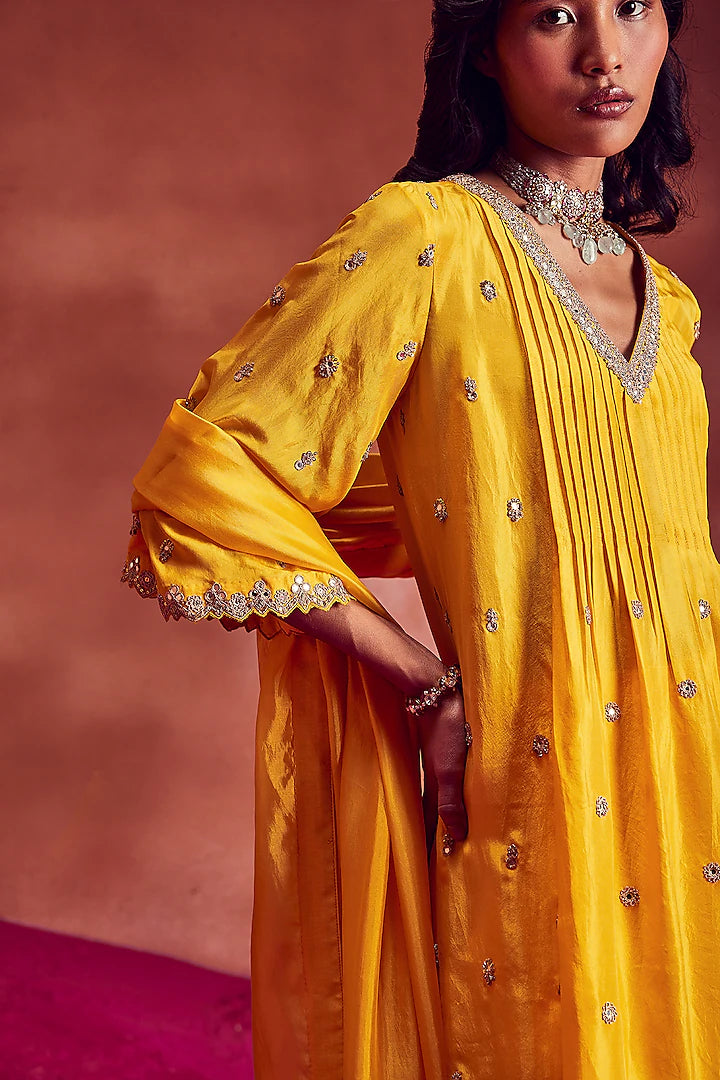 Yellow Silk & Organza Embroidered Anarkali Set