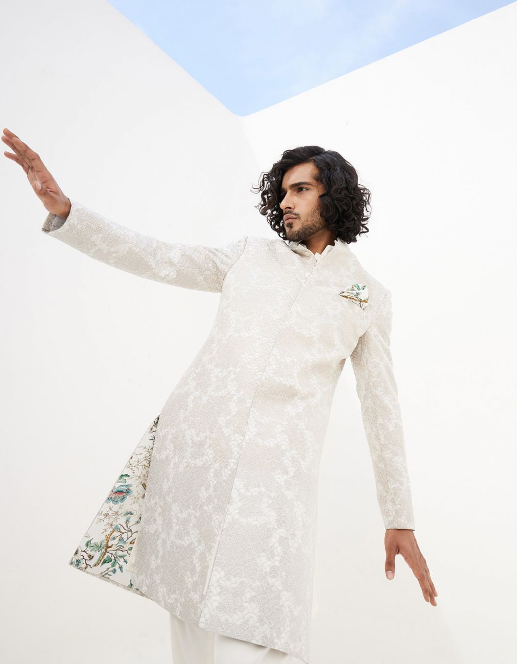 Ivory Banarasi Double Scallop Achkan Set