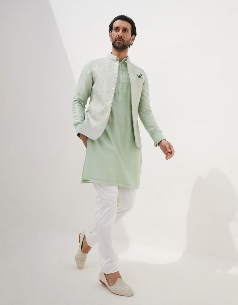 Sage Green Banarasi Double Scallop Nehru Jacket