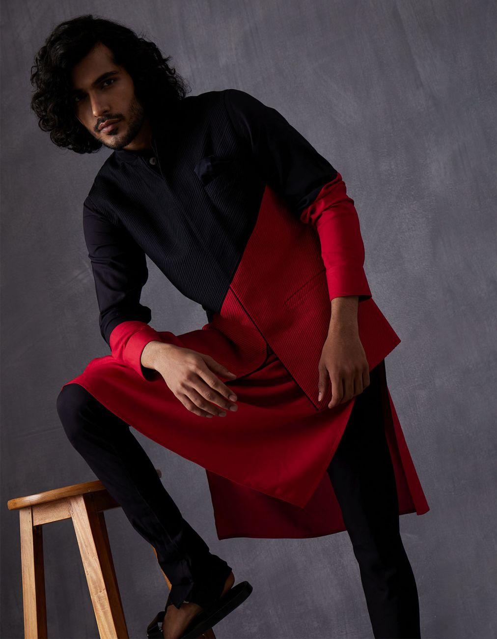Black-Red Color Block Nehru Jacket