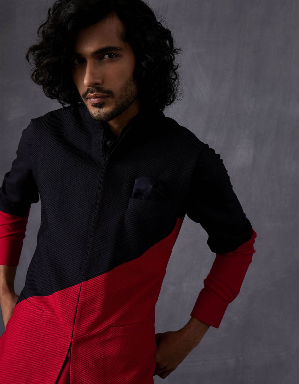 Black-Red Color Block Kurta With Churidar