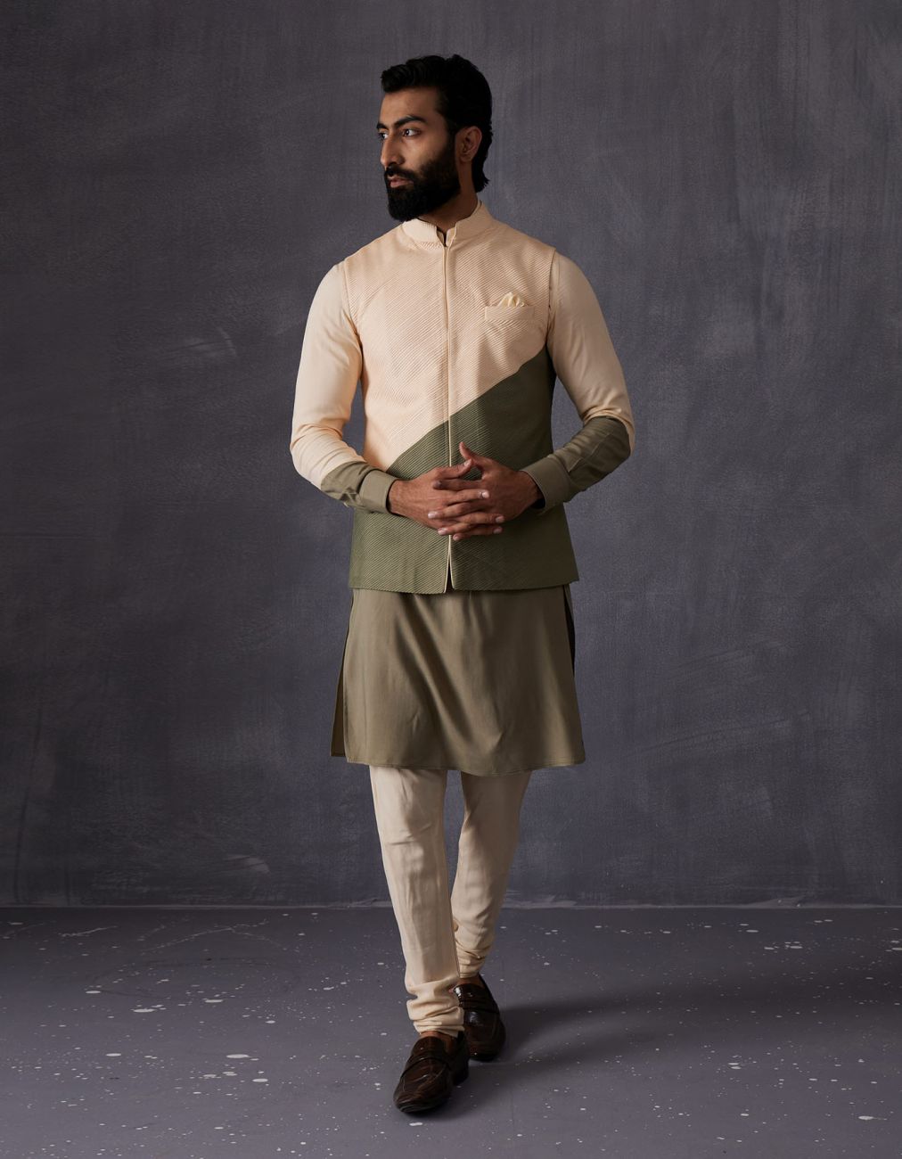 Peach-Olive Color Block Kurta With Churidar