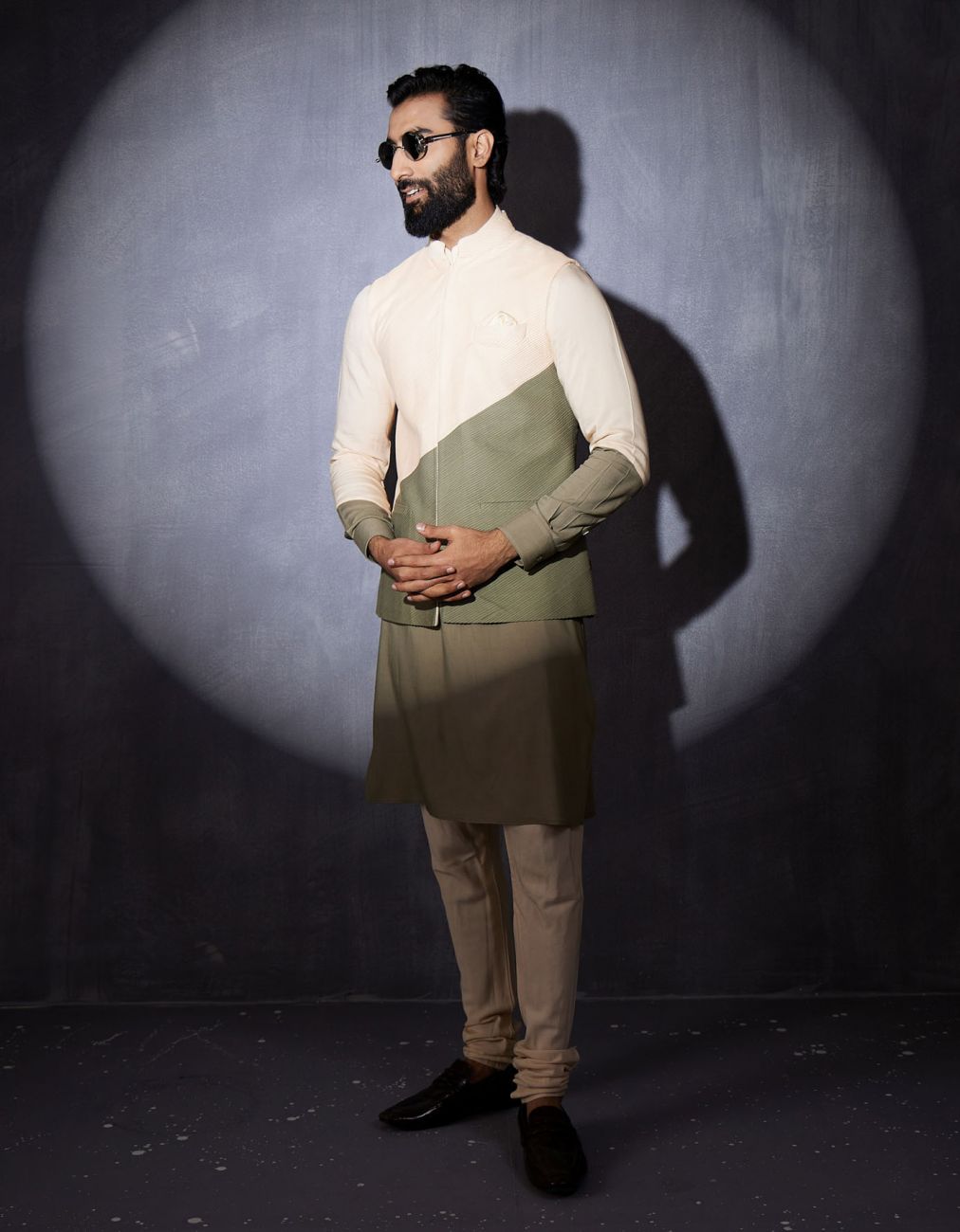 Peach-Olive Color Block Nehru Jacket
