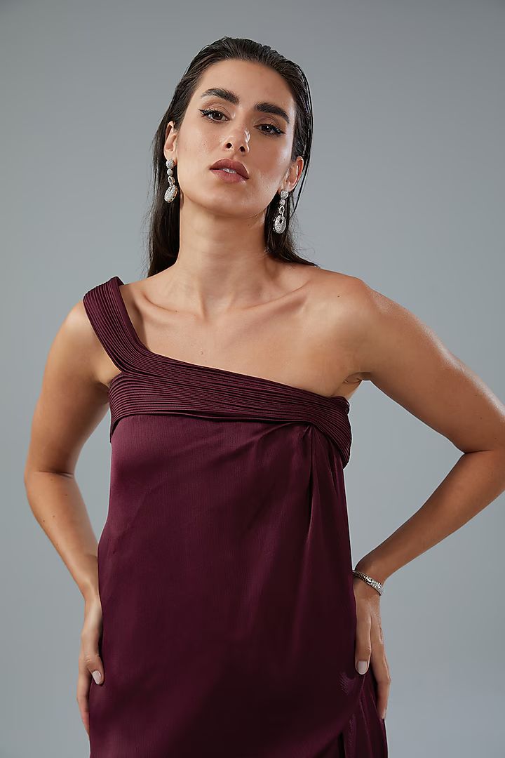 Plum Chiffon One Shoulder Gown Dress