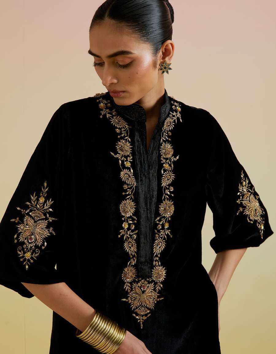 Anaya Velvet Kurta with Pants in Black