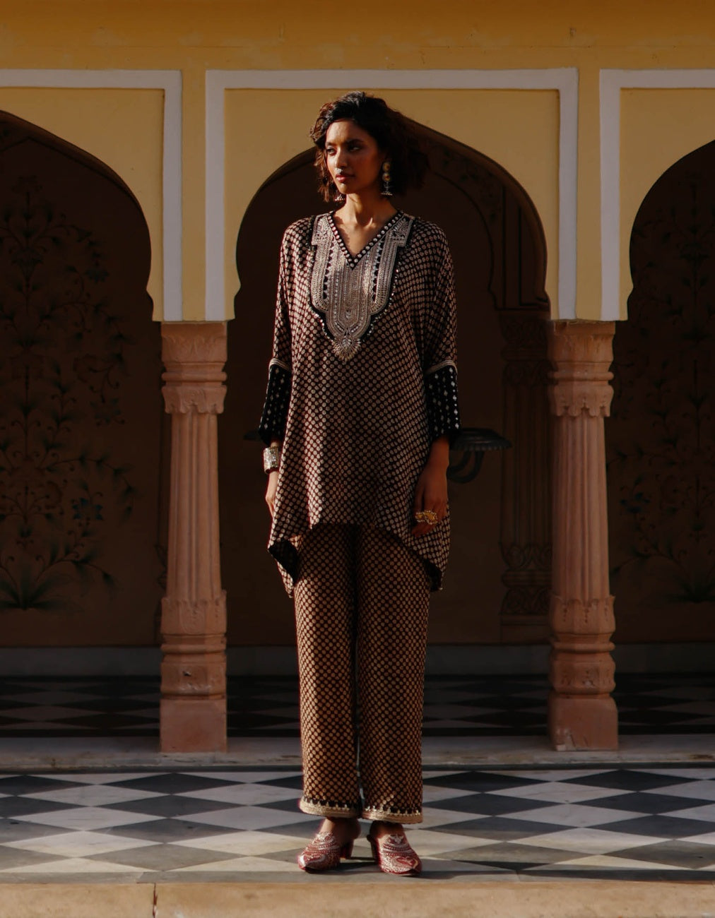 Black Hand Block Printed Kaftan Co-ord Set