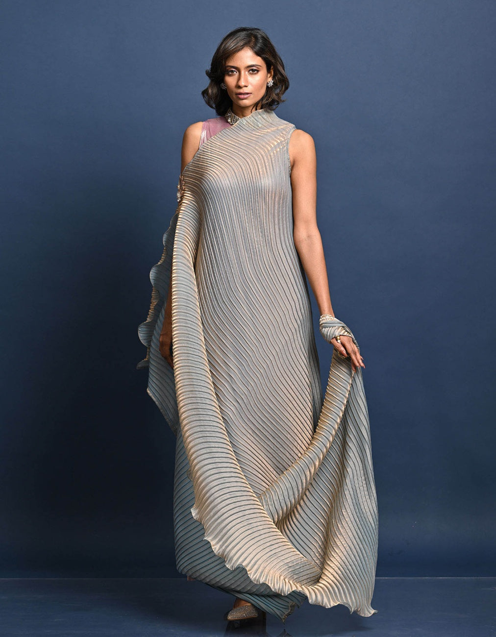 Blue Gold Box Pleated Drape Dress