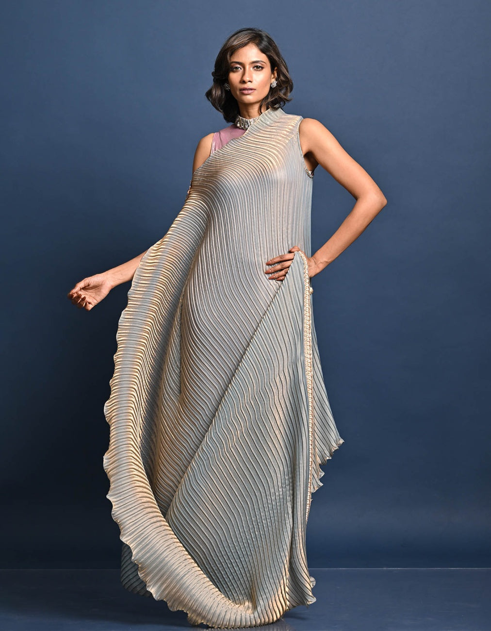 Blue Gold Box Pleated Drape Dress