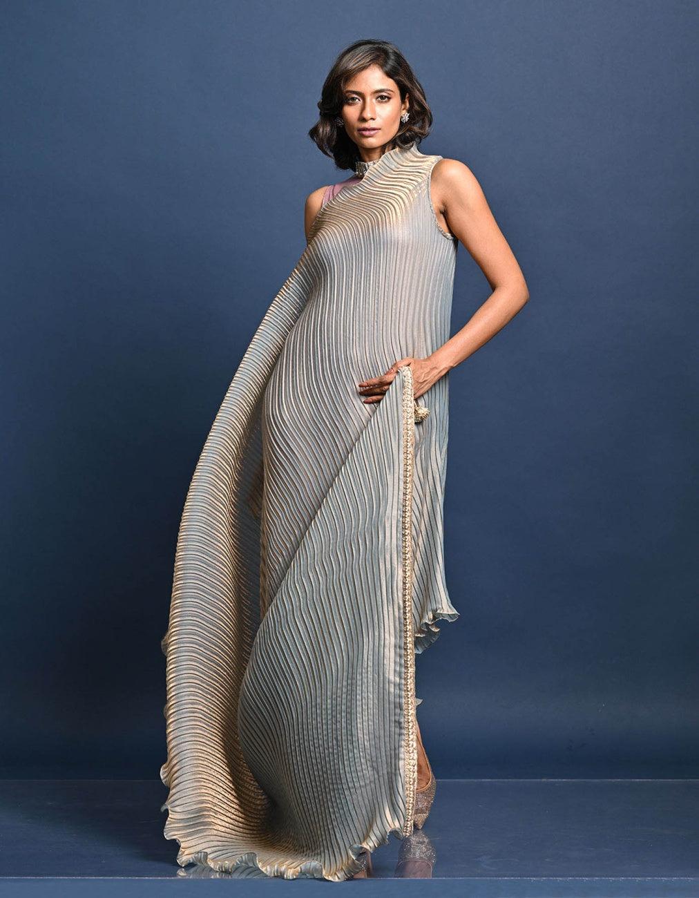 Blue Gold Box Pleated Drape Dress