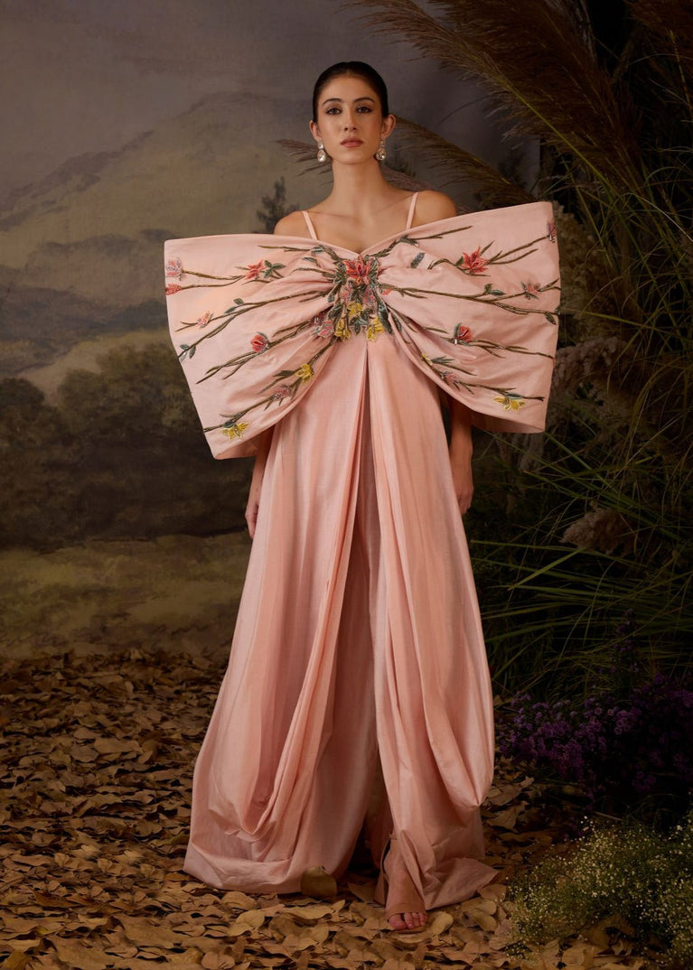 Blush Pink Bow Gown | Elegant Cotton Silk Designer Gown – Deval The ...