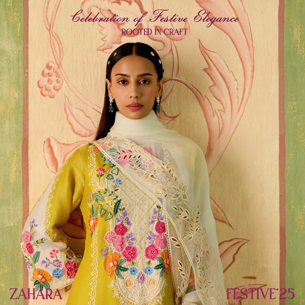 IVORY FLORALS & STRIPES YOKE DETAIL KURTA WITH CUTWORK PANTS