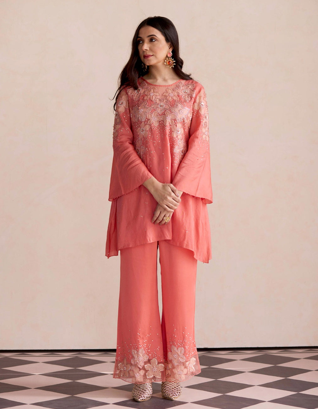 Coral Embroidered Tunic Set
