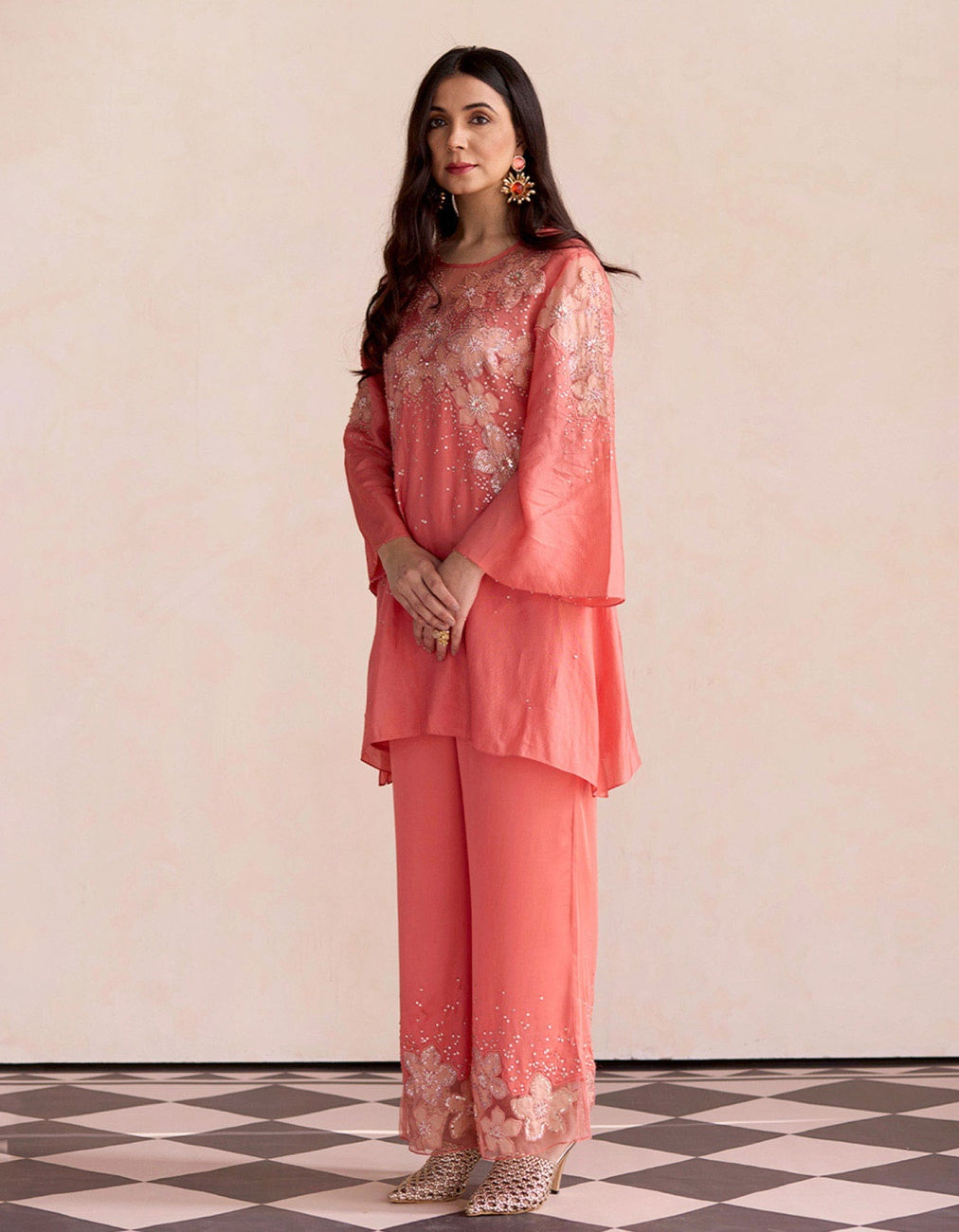 Coral Embroidered Tunic Set