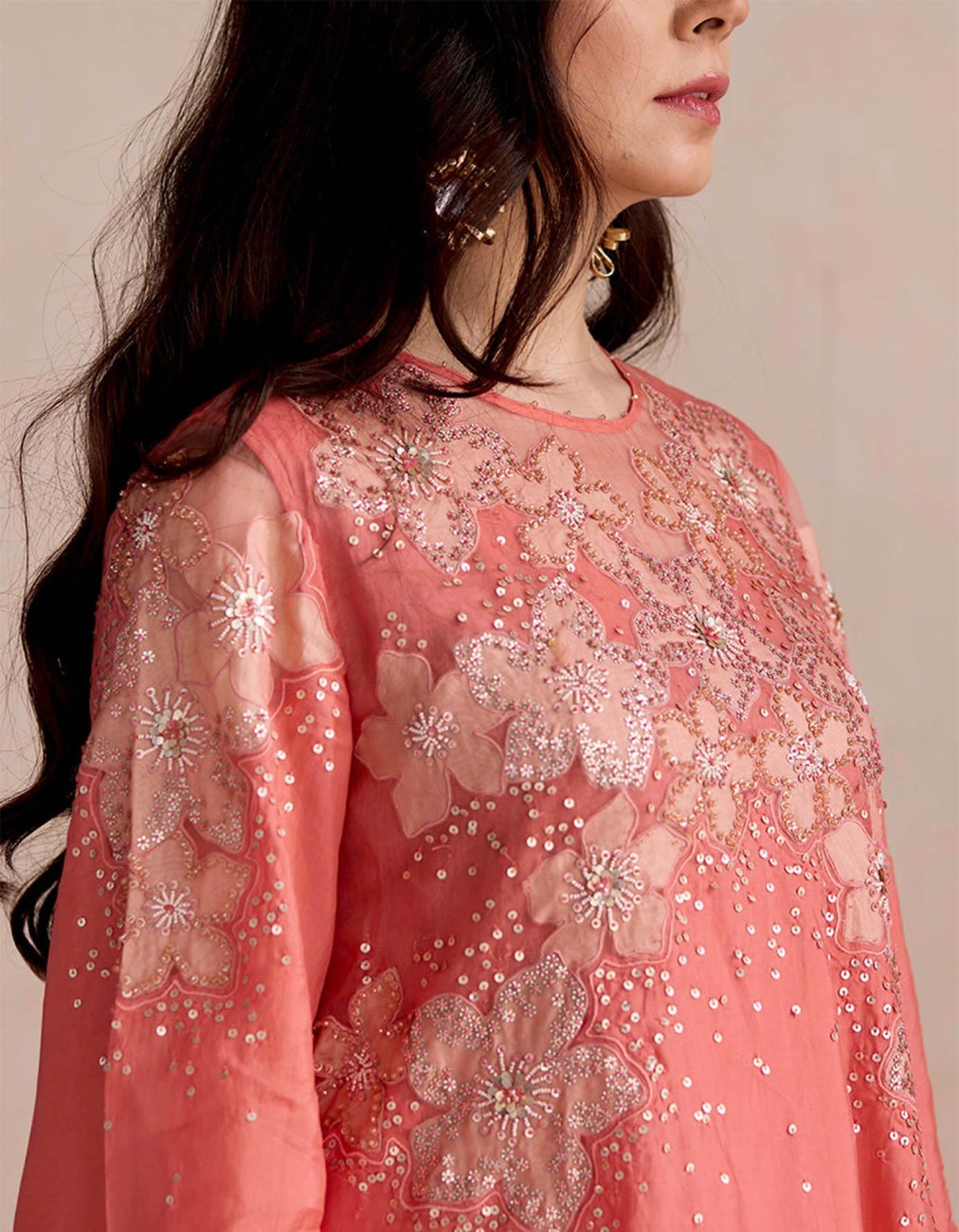 Coral Embroidered Tunic Set
