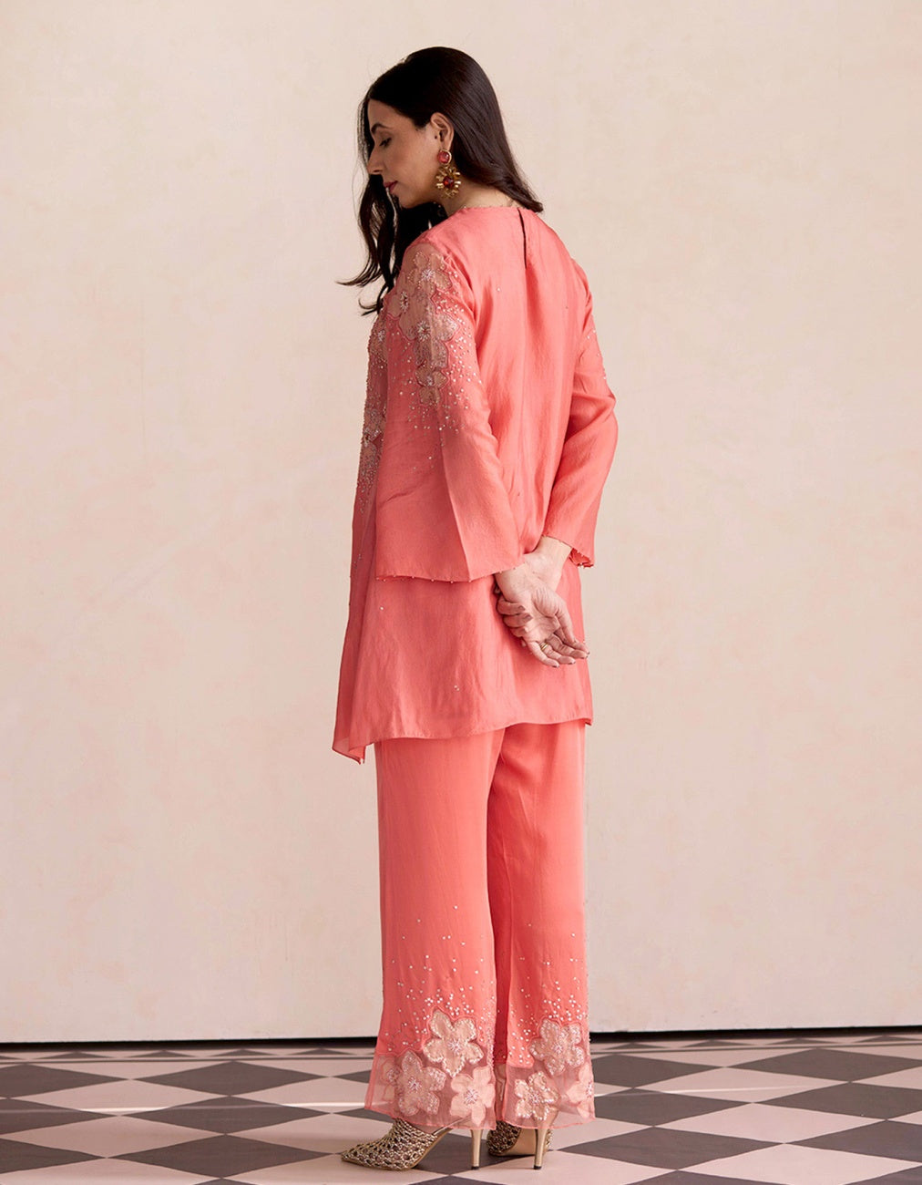 Coral Embroidered Tunic Set