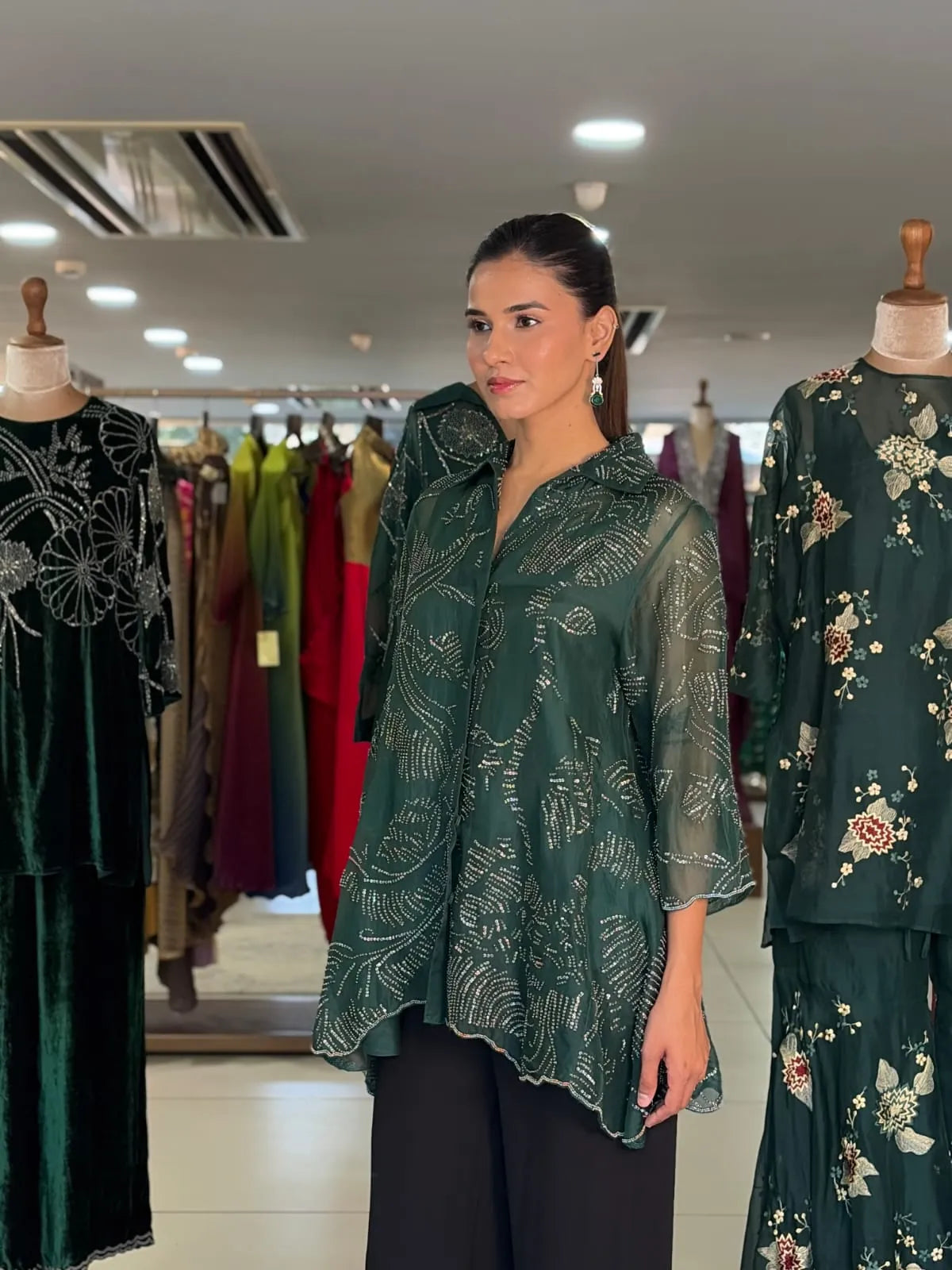 Emerald Silk Organza Thread Embroidered Jacket