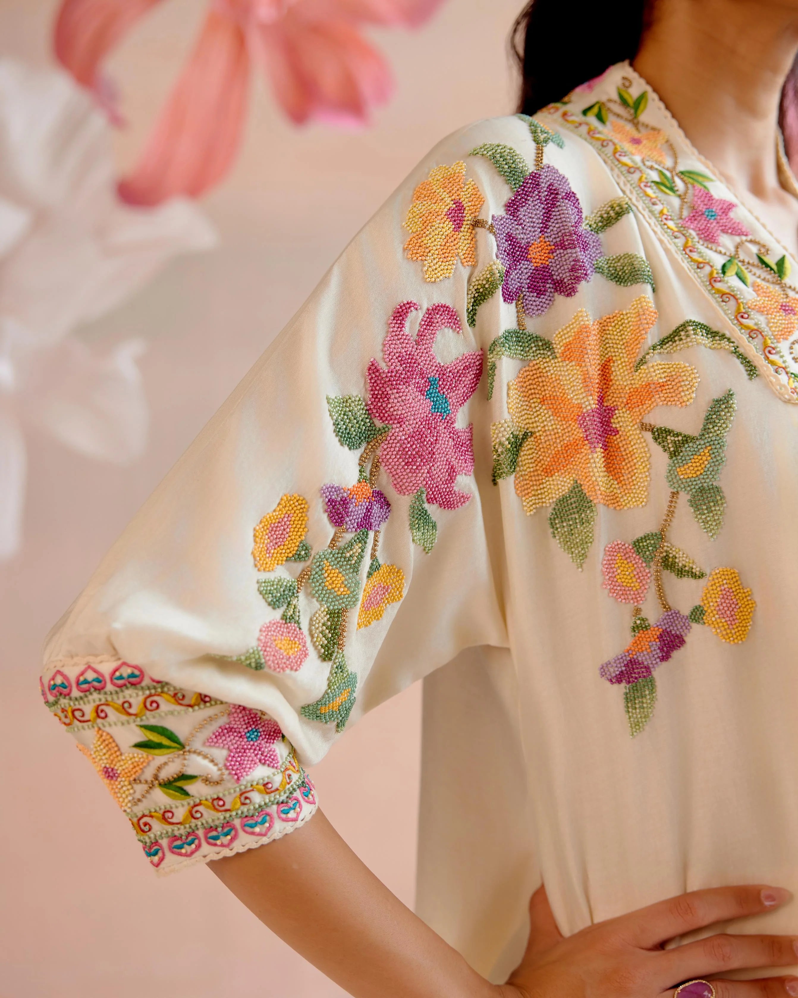 Ivory Floral Beadwork Kimono Tunic With Ivory Cutwork Pants