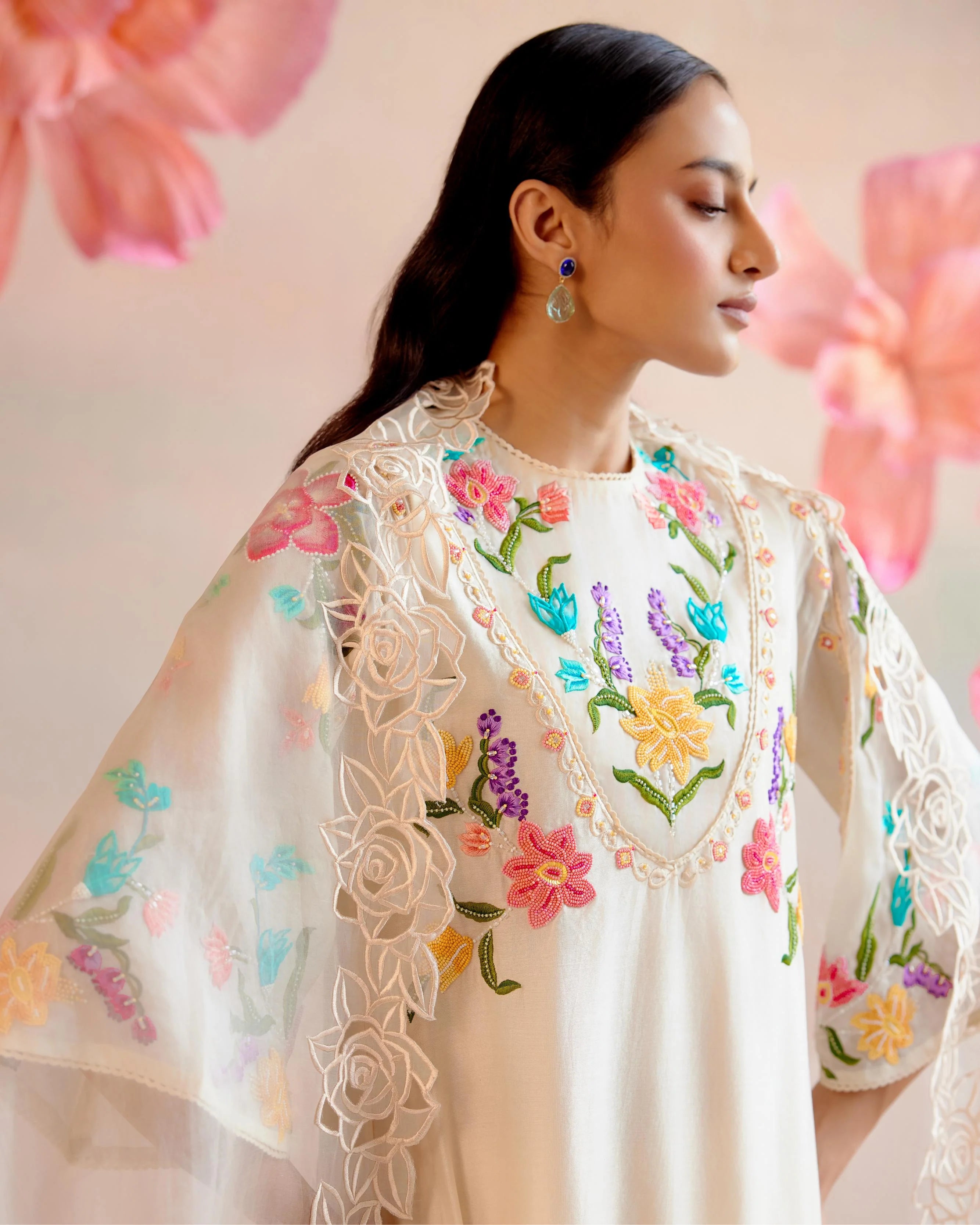 Ivory Floral Embroidered Yoke Detail Kurta With Organza Detail Pants