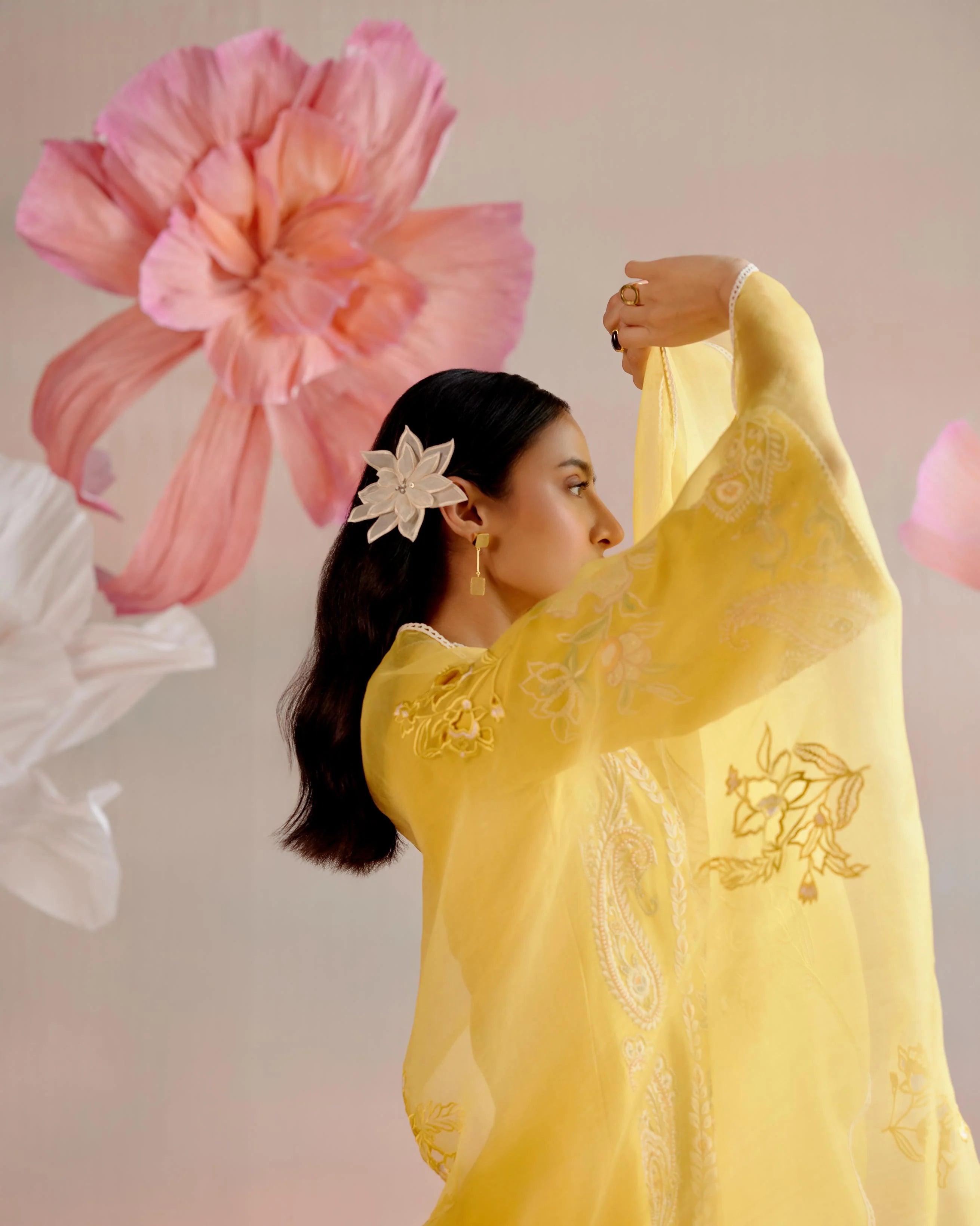 Yellow Floral Cutwork Dupatta