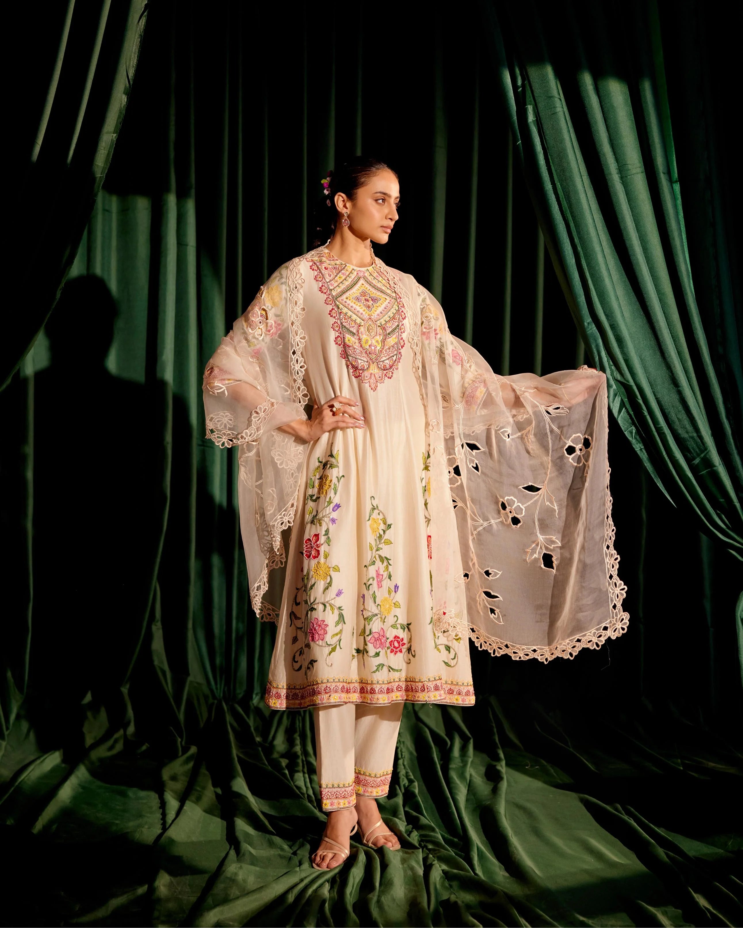 Ivory Cordwork And Beadwork Flared Kurta With Embroidered Narrow Pants