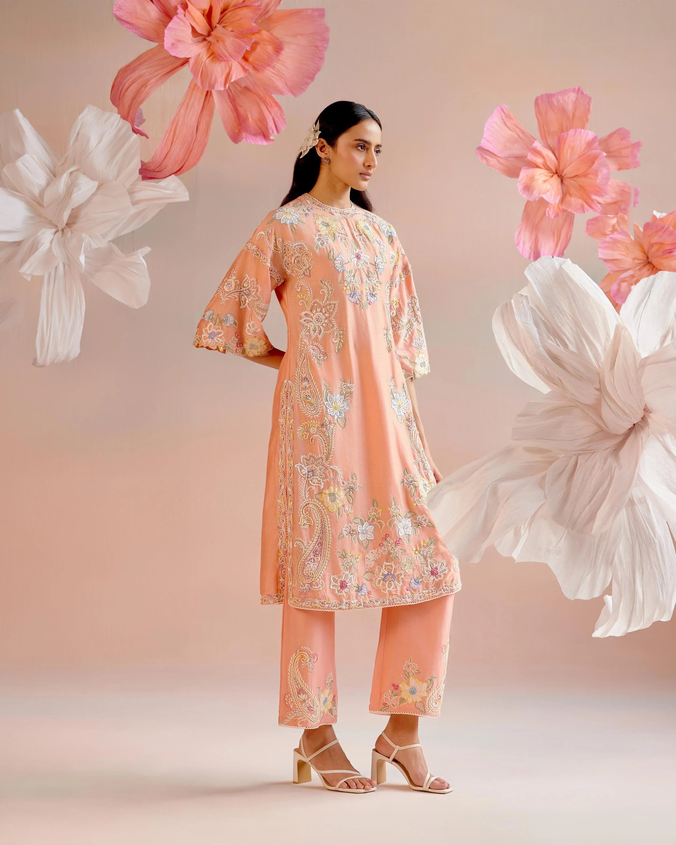 Apricot Contrast Embroidered Kurta With Pants