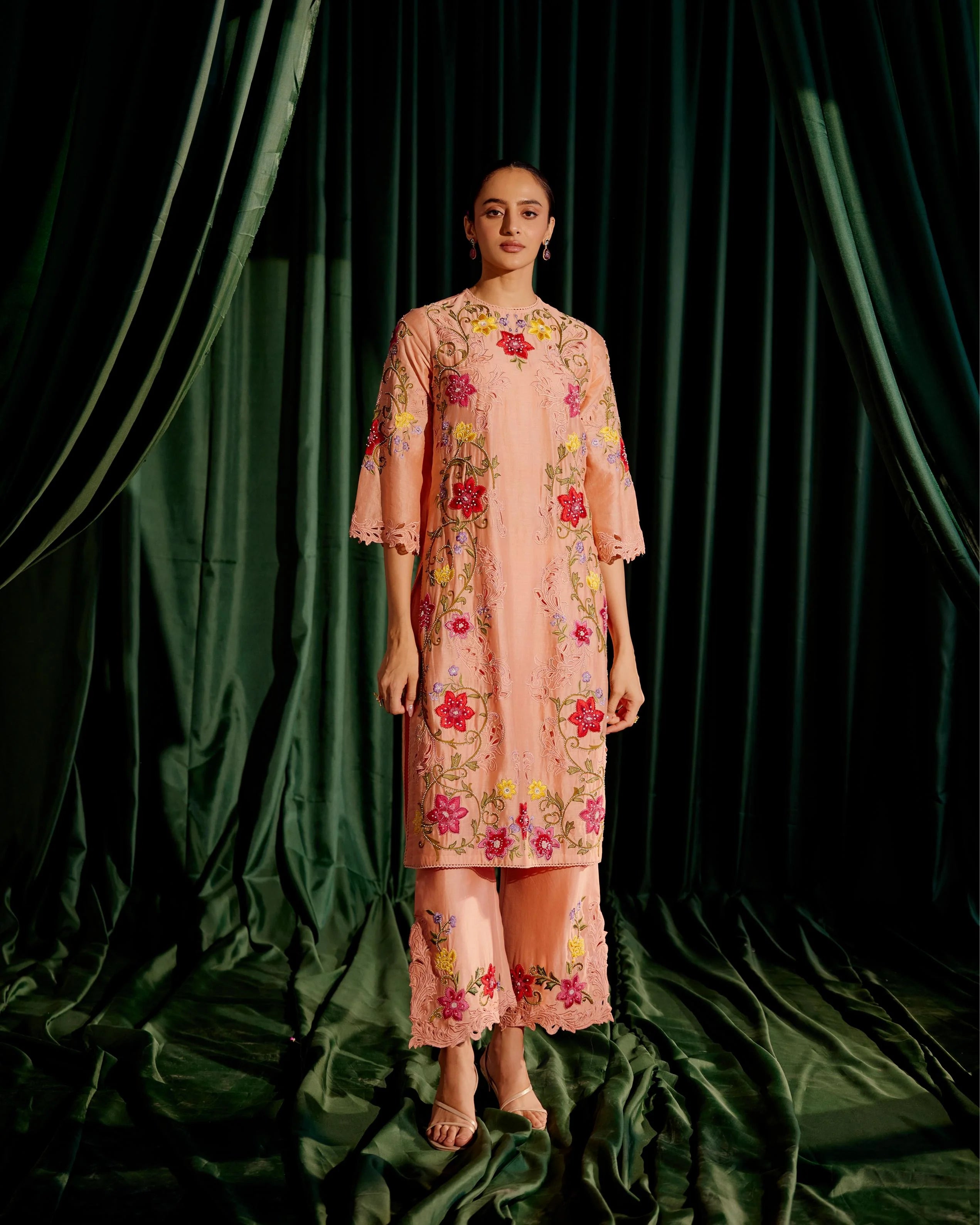 Apricot Multi Color Floral Kurta With Pants