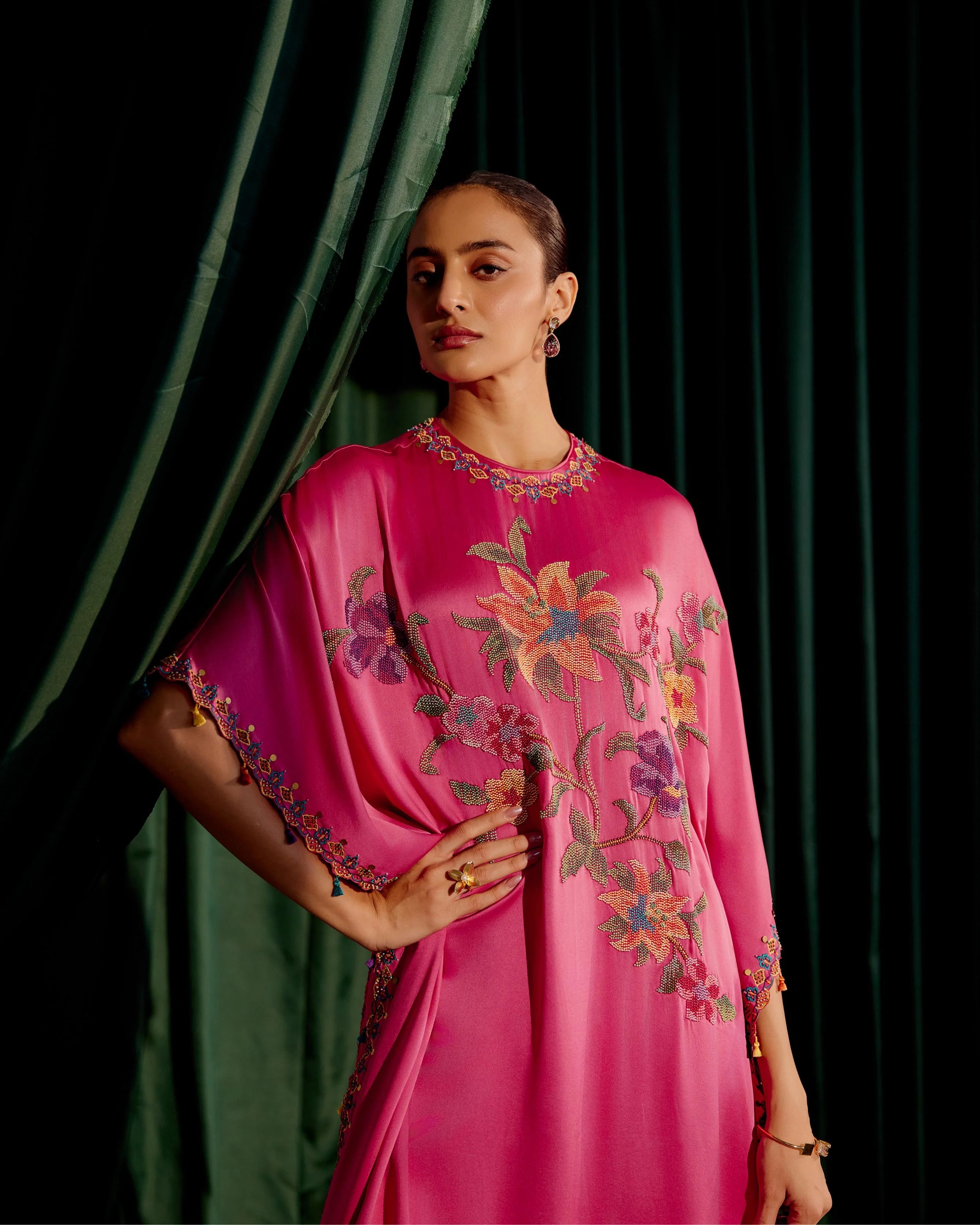 Fuchsia Floral Beadwork Kaftan With Embroidered Pants