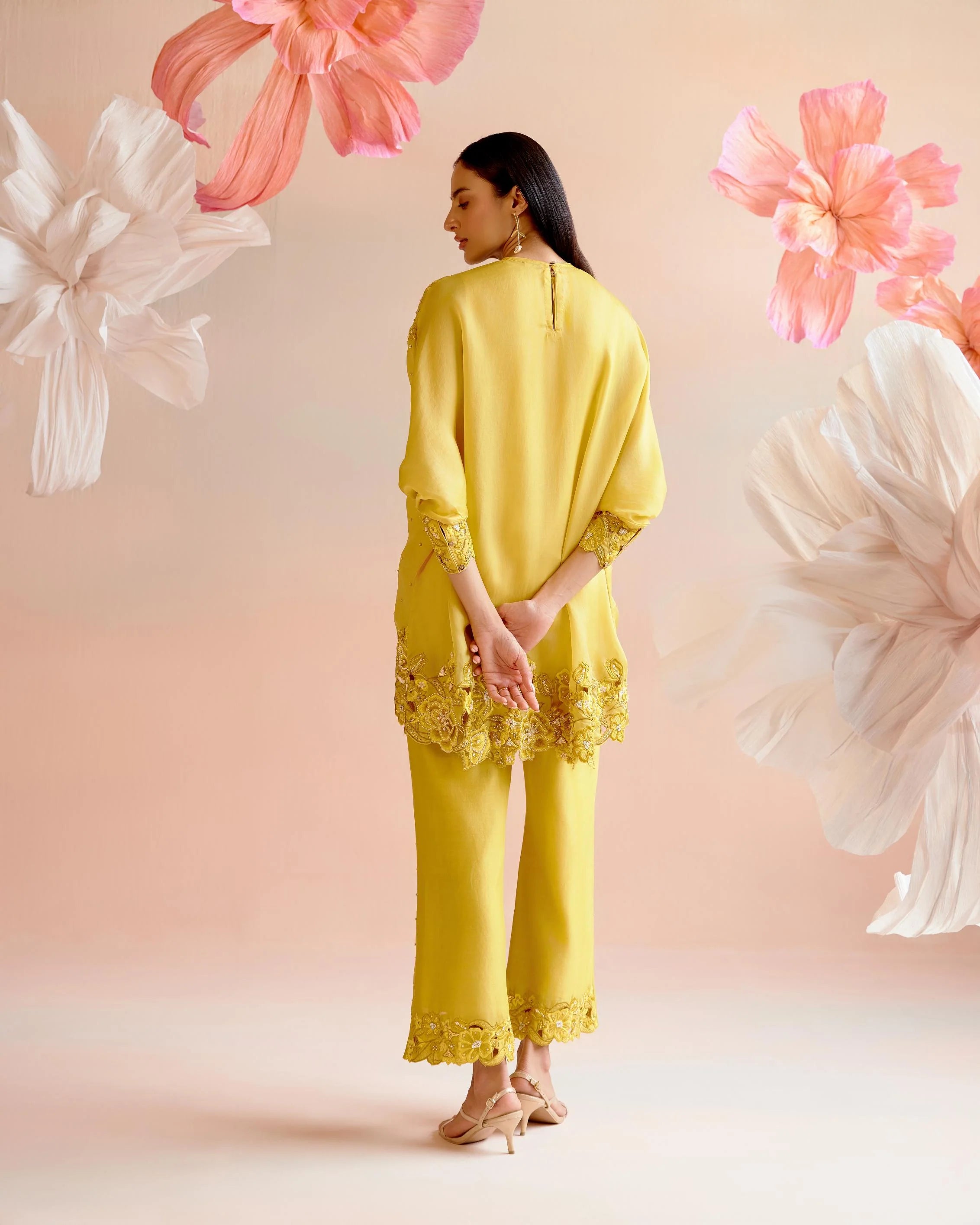 Yellow Multi Tonal Cutwork Kimono Tunic With Pants