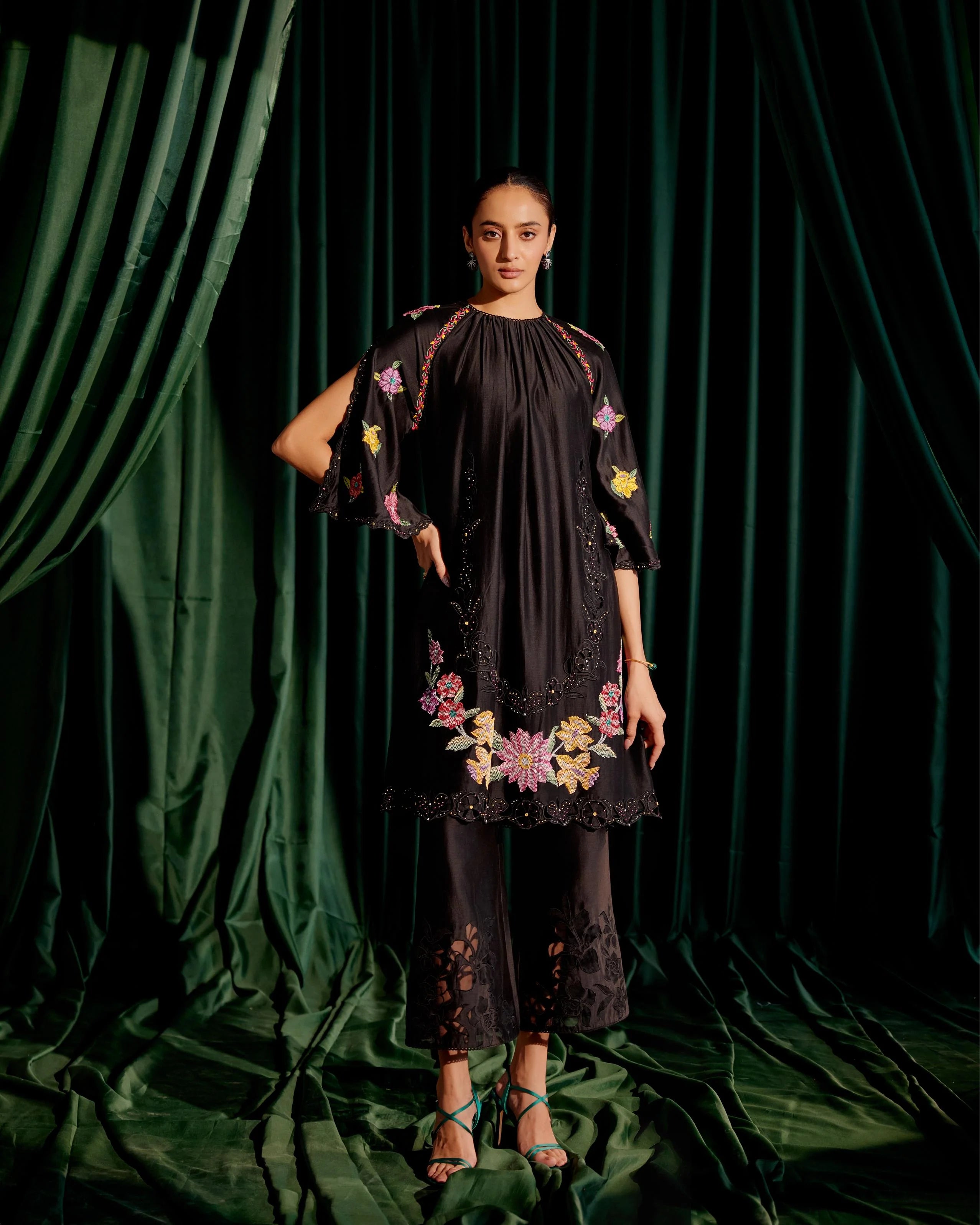 Black Floral Beadwork Gathered Kurta With Sheer Applique Pants