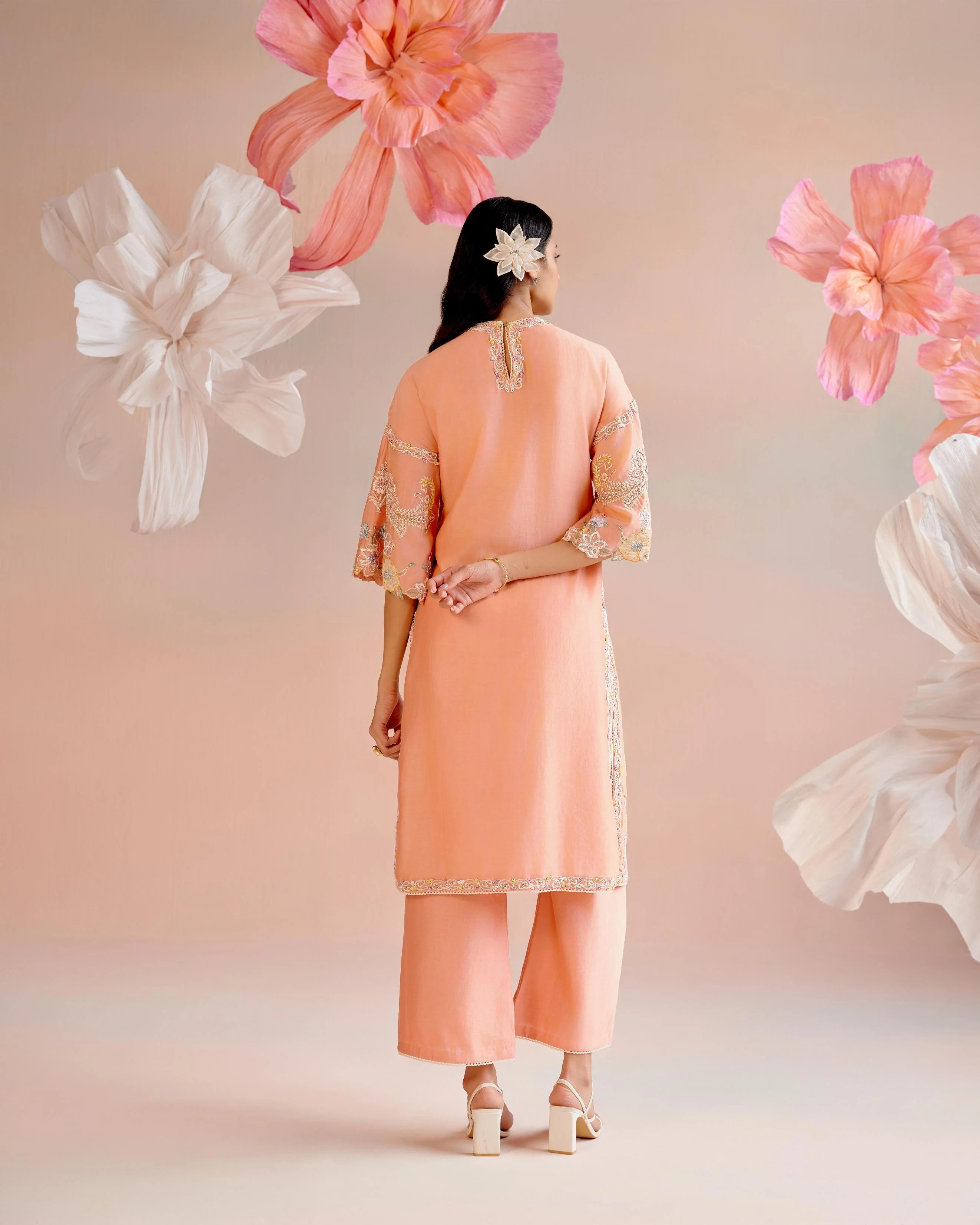 Apricot Contrast Embroidered Kurta With Pants