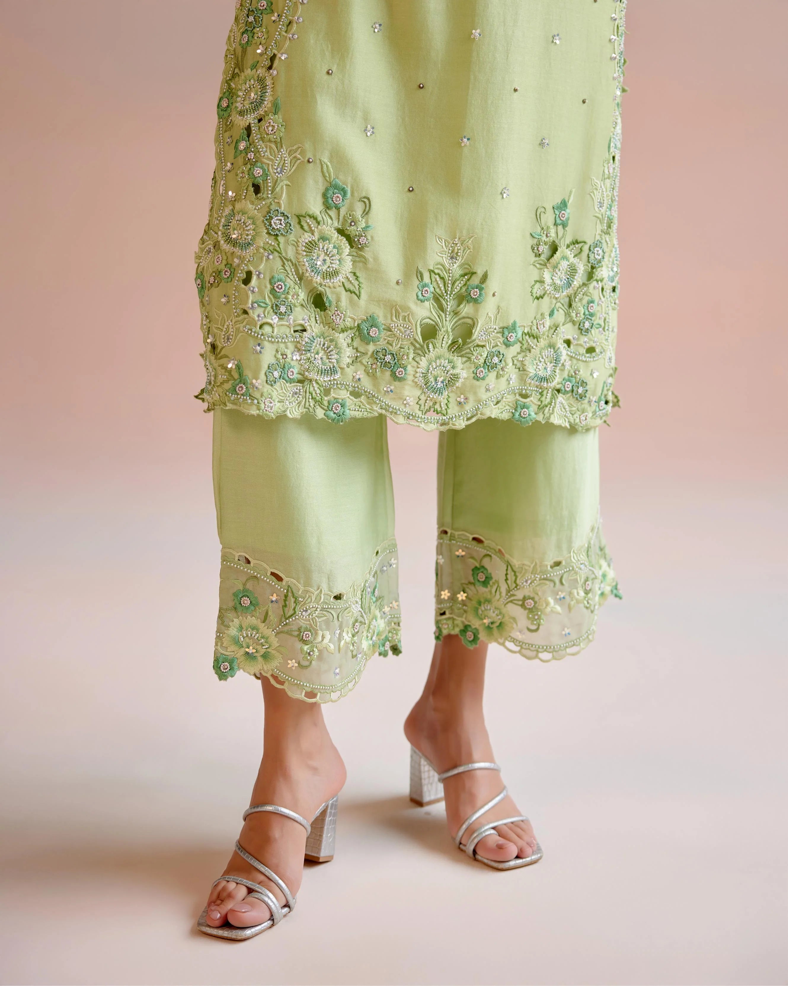 Mint Green Multi Tonal Cutwork Kurta With Embroidered Pants