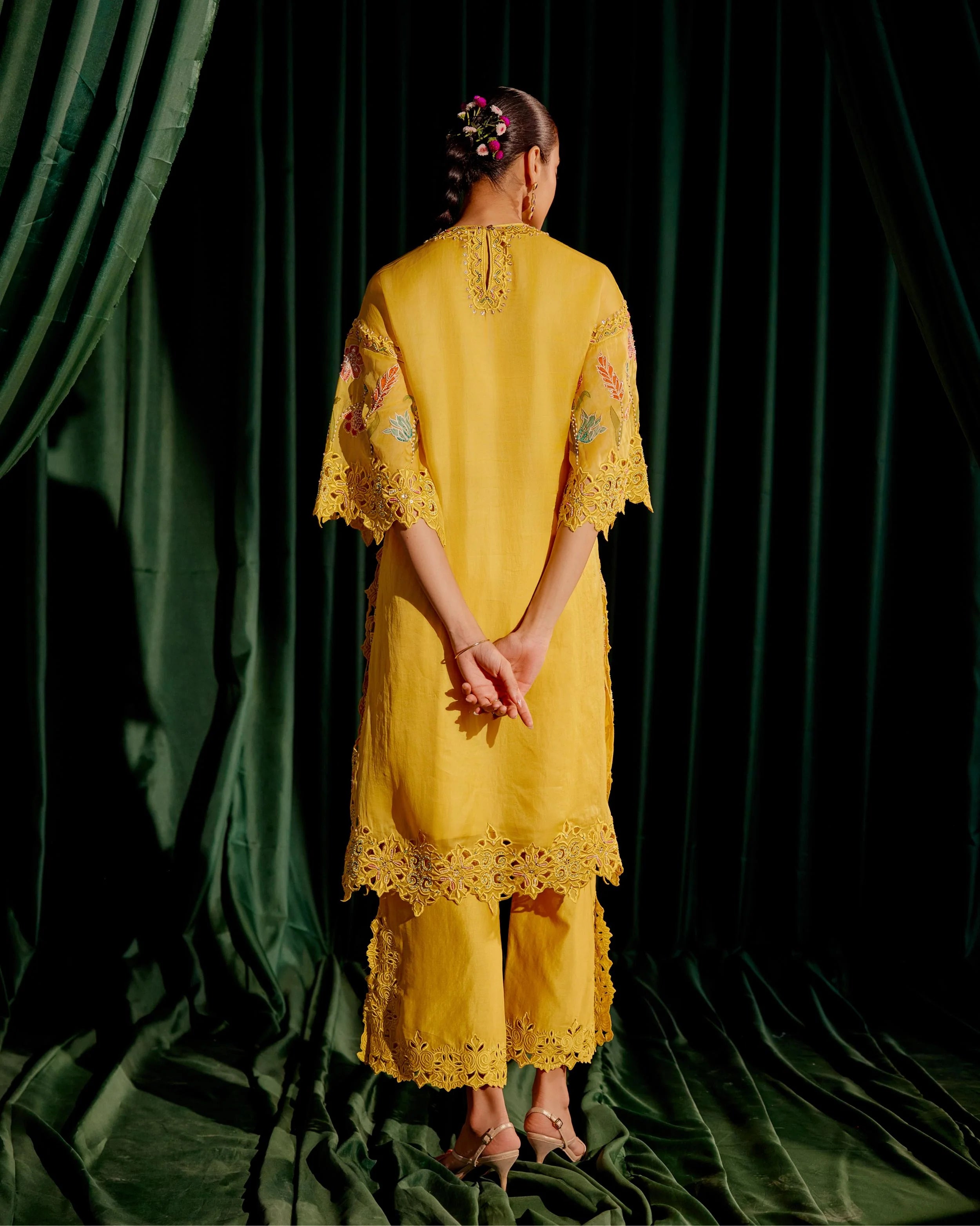 Yellow Floral Applique And Beadwork Kurta With Cutwork Pants