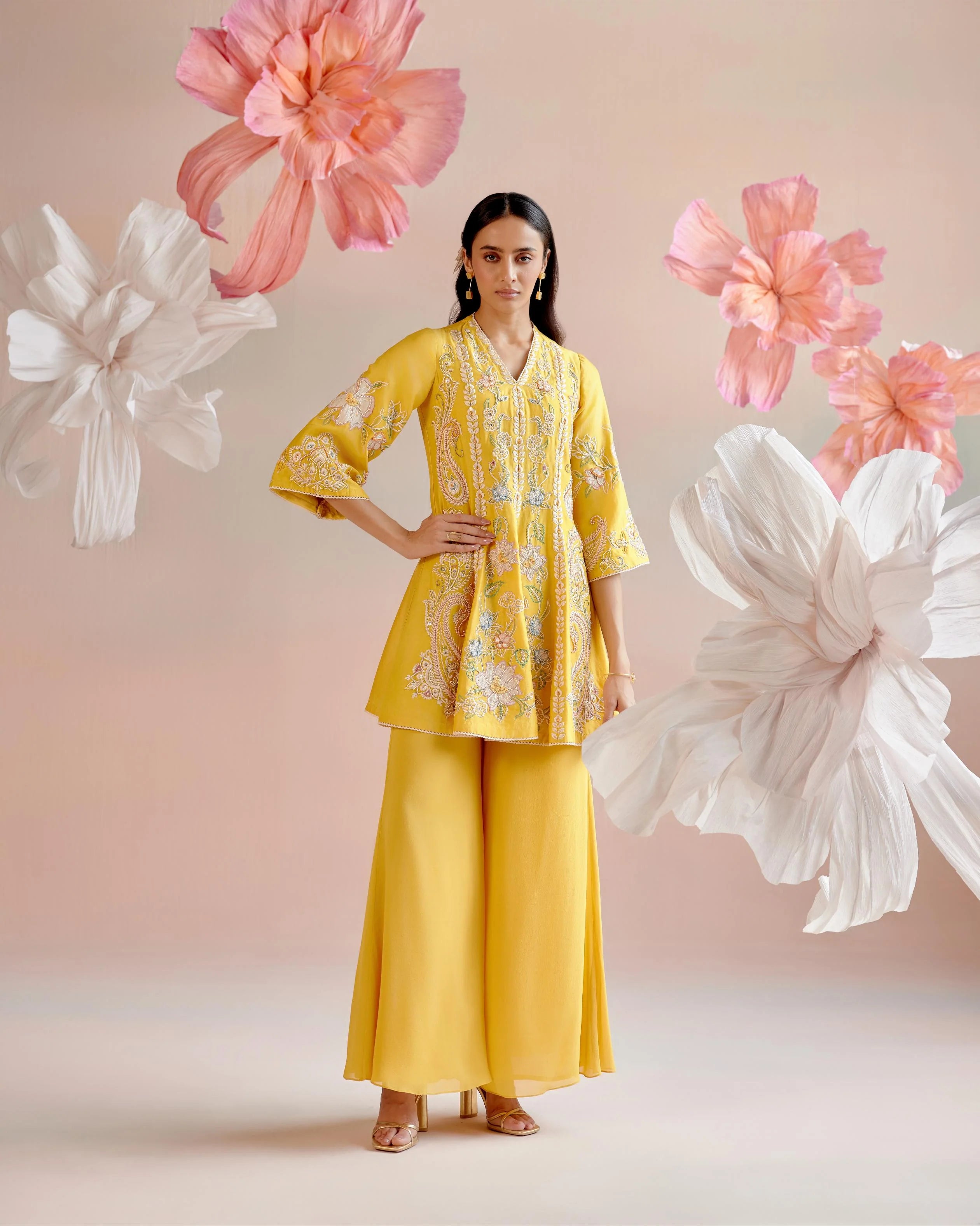 Yellow Contrast Embroidered Flared Short Kurta With Sharara Pants