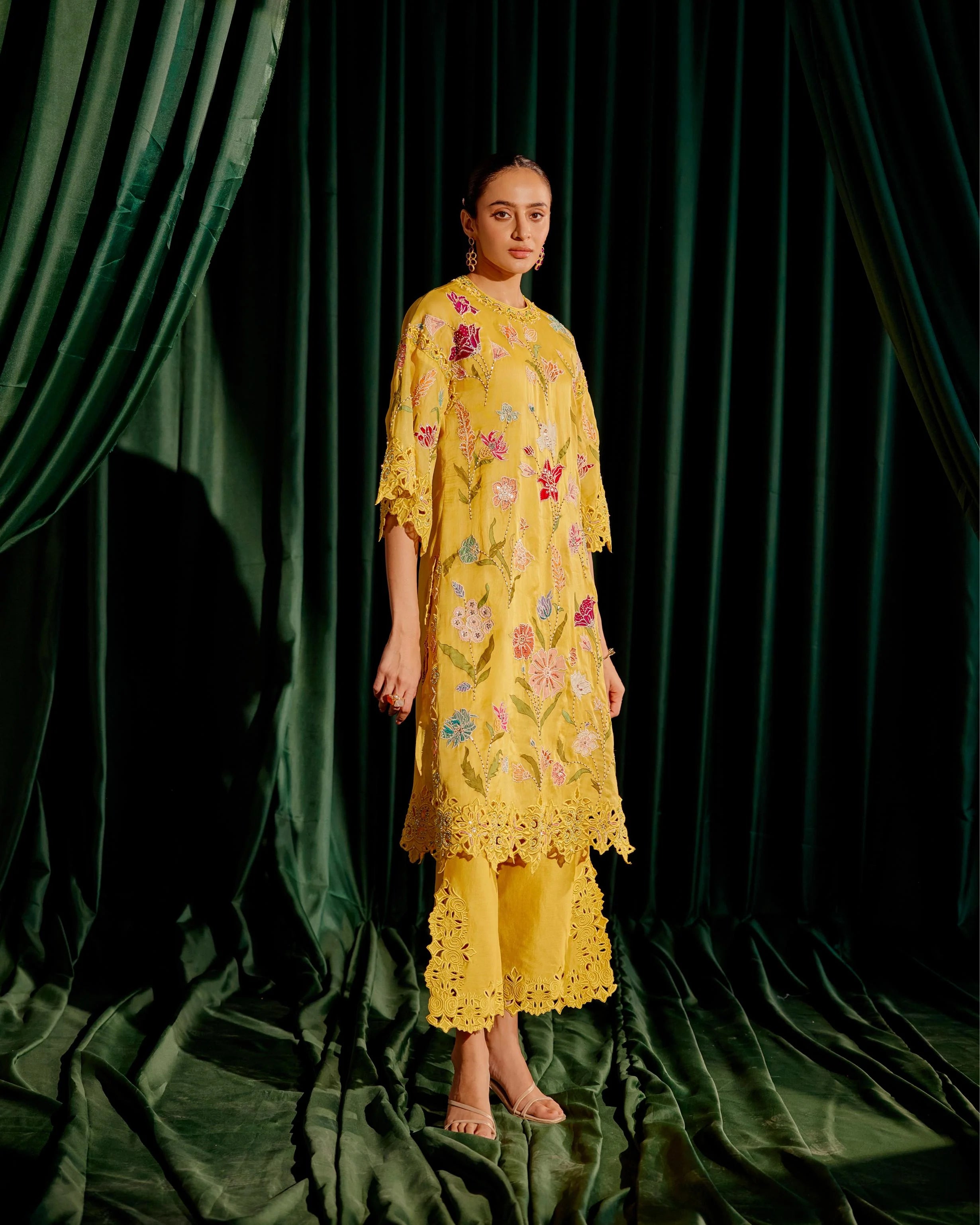 Yellow Floral Applique And Beadwork Kurta With Cutwork Pants